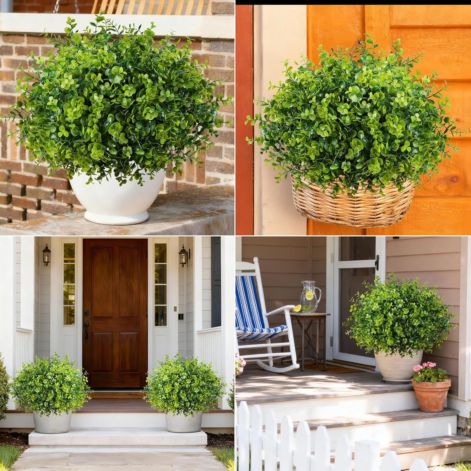 Artificial Faux Outdoor Plants for Spring Summer Decoration, 12 Bundles Fake Plastic Eucalyptus UV Resistant Look Real Fake Plants for Planter Outside Front Door Porch Patio Balcony Garden Indoor Yard