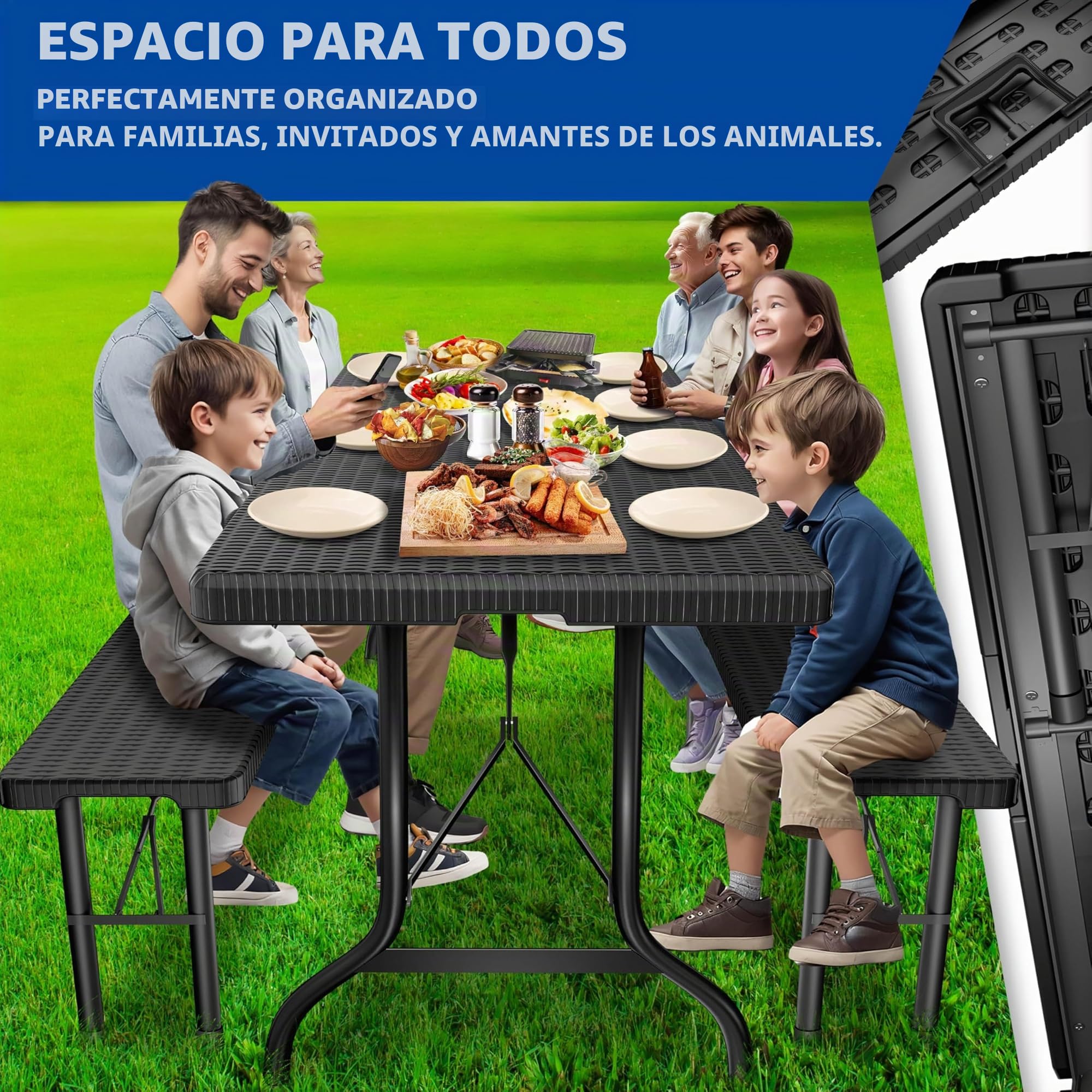 KESSER® Juego de Tienda de Cerveza - Juego de 3 Piezas, Mesa + 2X Banco, Mesa Plegable, Plástico, Juego de jardín con Aspecto de ratán/Plegable, Asas de Transporte, 73x180x75 cm, Negro