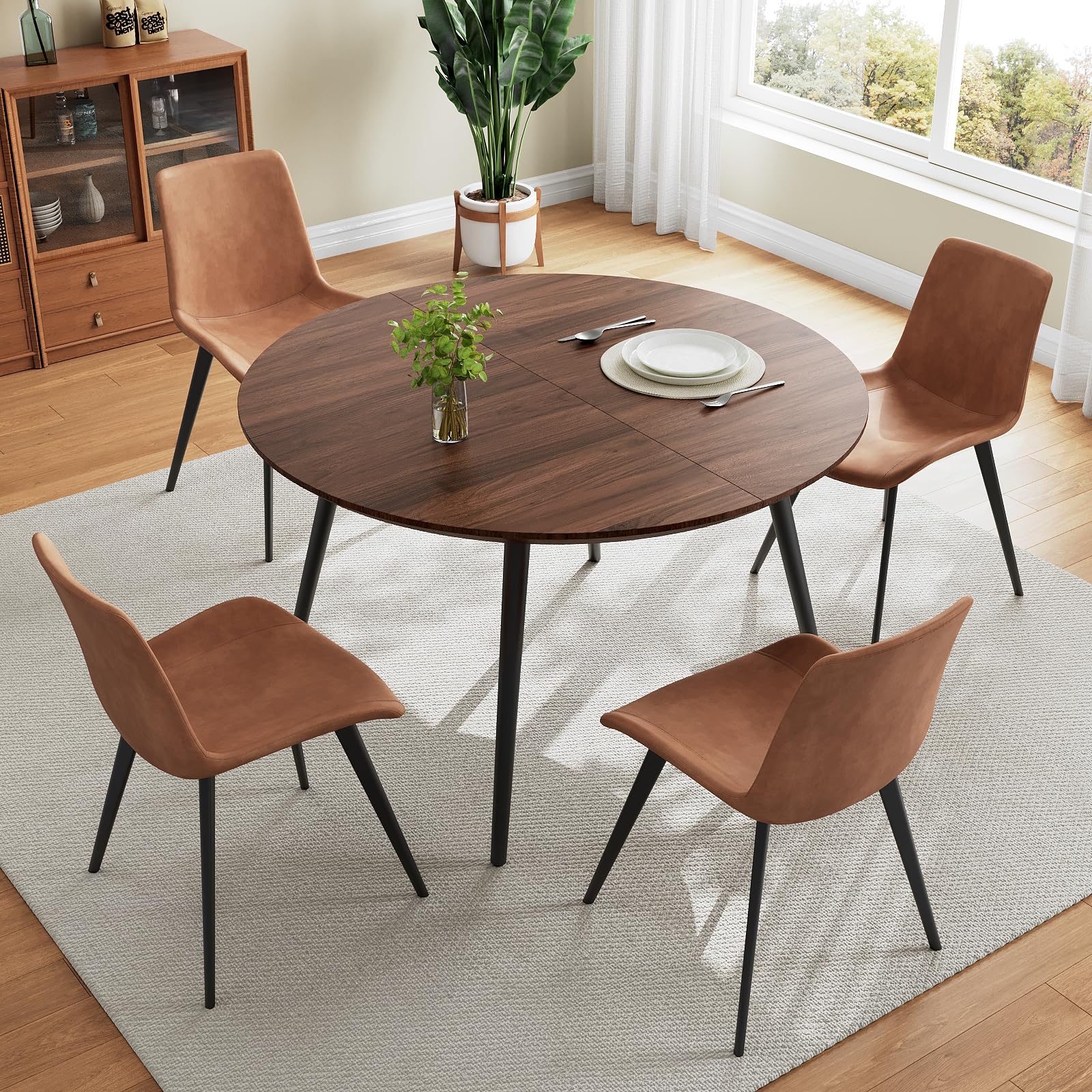 HIPIHOM 43.3"-59.1" Extendable Round Dining Table Set for 4, Mid Century Modern Wooden Round Table, Leisure Coffee Table,w/ 4 PU Leather Chairs
