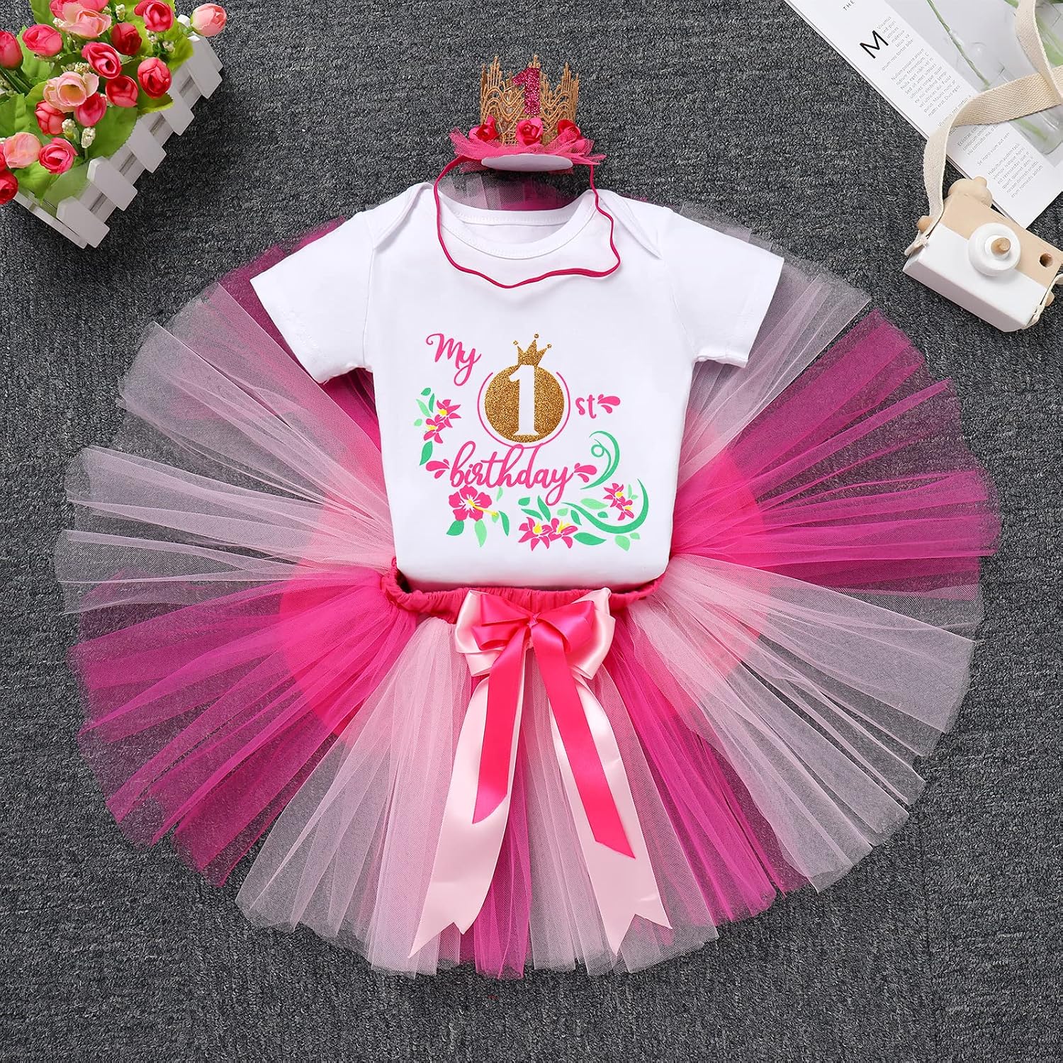 IBTOM CASTLE Baby Girl One Year Old Birthday Floral Lace Party Cake Smash Romper+Tutu Skirt Set+Crown Photo Shoot Clothes image 2