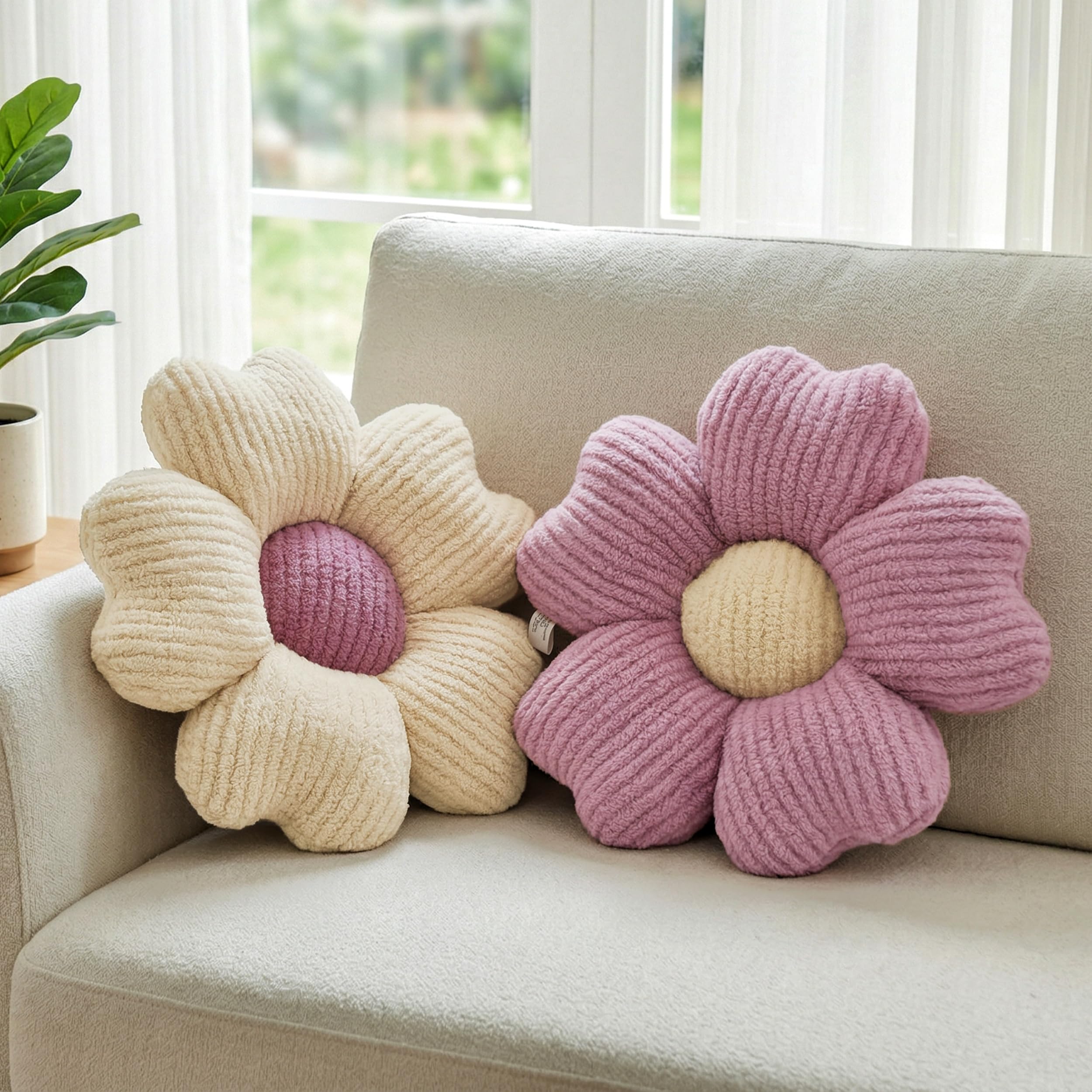 JZNEXD 2 Pcs Pink Decorative Throw Pillows, 15'' Cute Daisy Flower Shaped Pillow Floor Seating Cushion for Bed Couch Bedroom Room Dorm Decor (Pink &