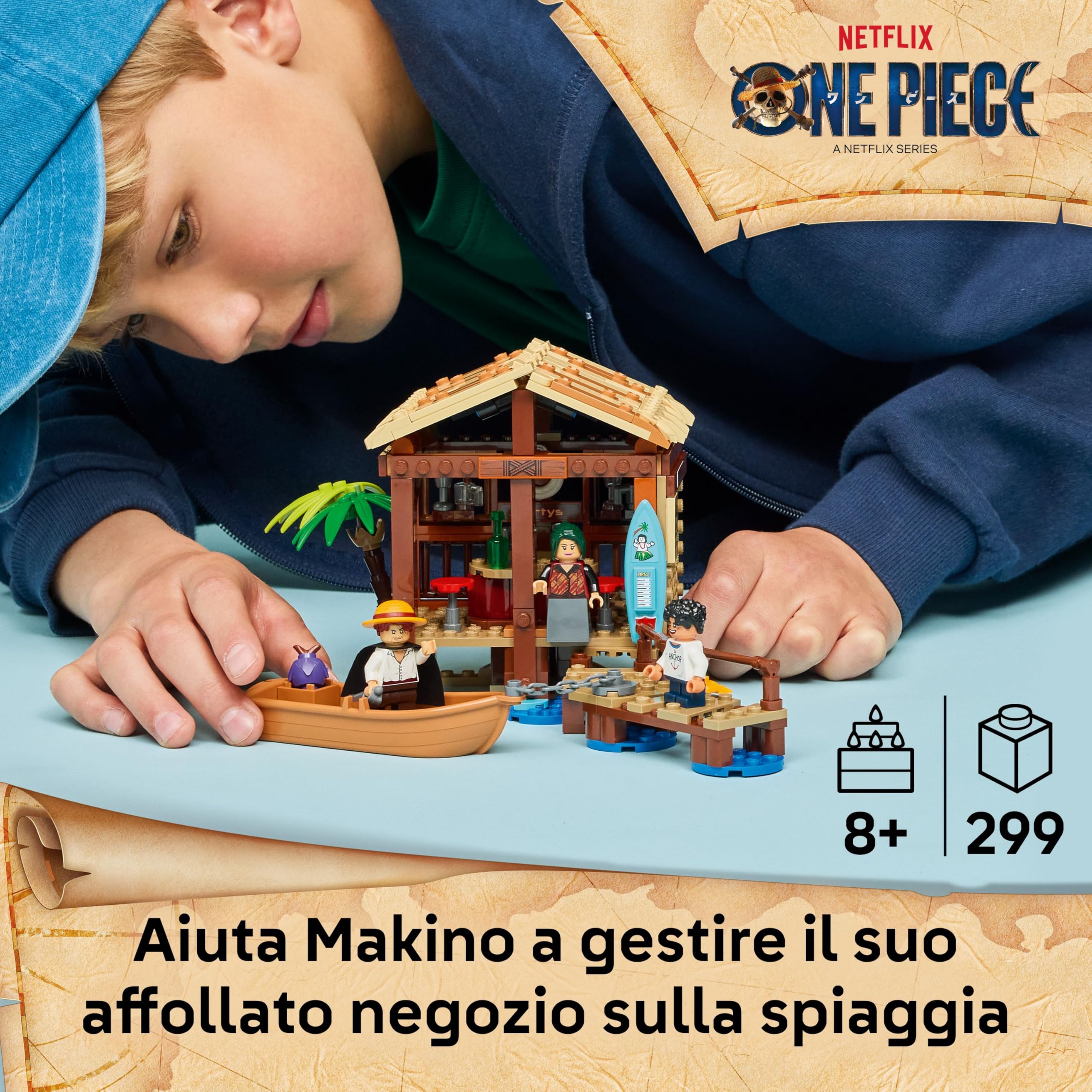 LEGO ONE PIECE La Capanna del Villaggio Foosha Giocattolo con Barca, Minifigure di Luffy, Shanks e Makino, Accessori e Poster Ricercato - Regalo per Bambini, Bambine e Fan degli Anime da 8 Anni 75636