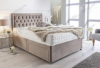 Sleep Factory's Luxury Divan Bed Set in Plush Pebble with Chesterfield Bumper Headboard and Memory Sprung Mattress 5.0FT (King Size) 4 Drawers