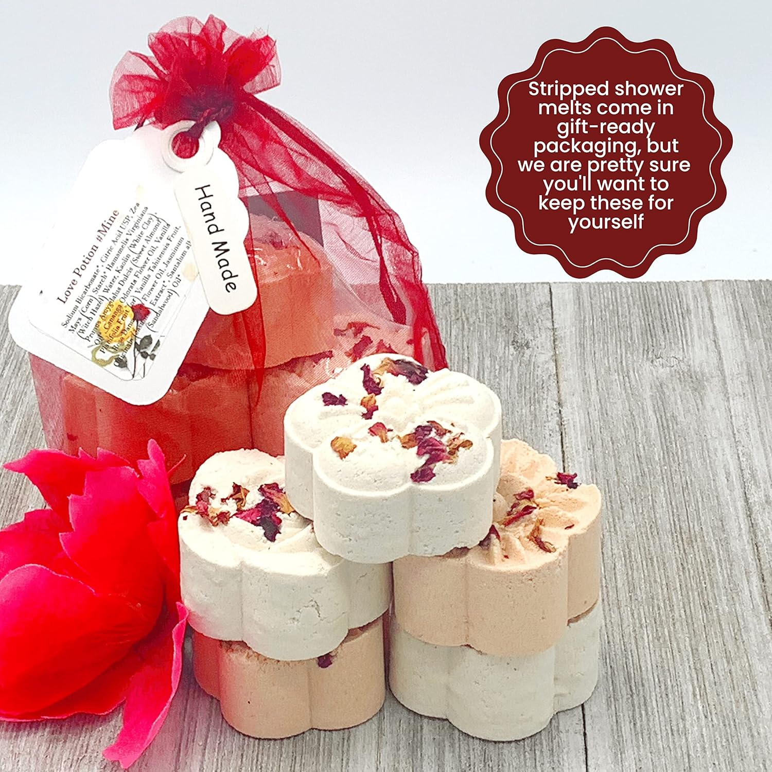 LOVE POTION #MINE Melting Shower Bombs w/Rose Petals (5PK) - Ylang Ylang, Jasmine, Vanilla Romance Essential Oil Blend – Christmas Gifts for Women – Self Care and Relaxation – Stress Relief - Image 8