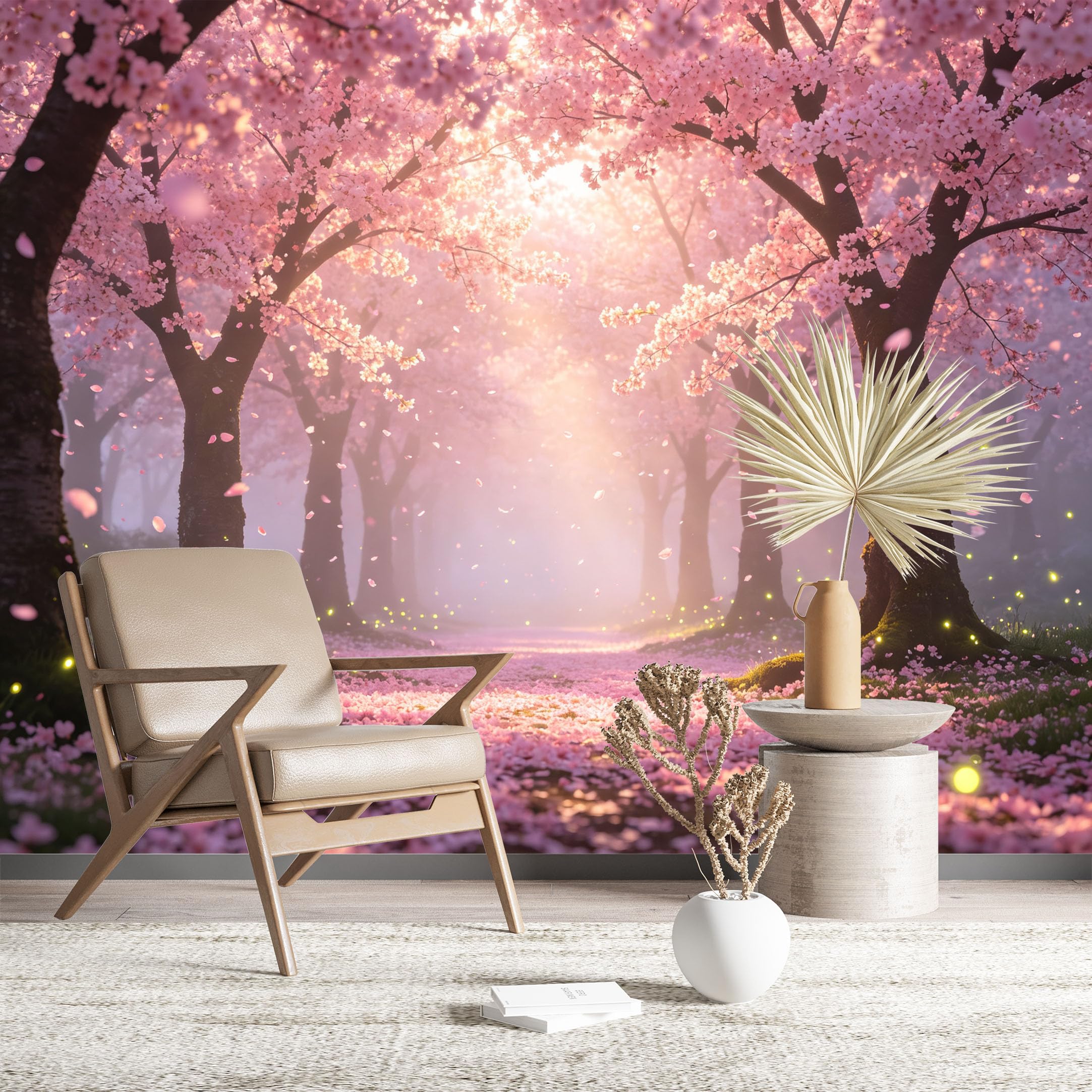 Custom Size Wall Murals Cherry Blossom Path Wall Murals Nature Wallpaper Realistic Self-Adhesive Removable Wallpaper for Living Room Bedroom