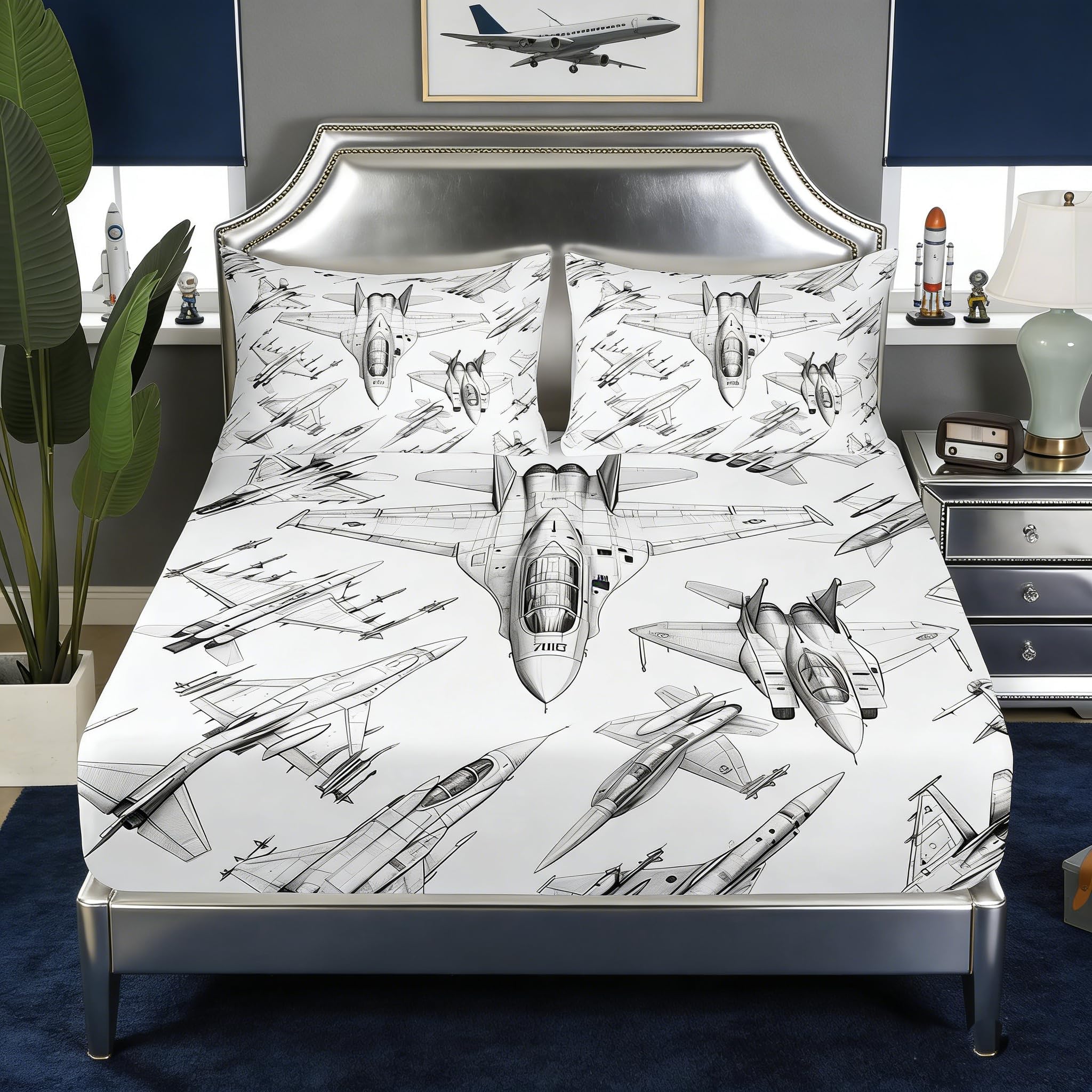 Aircraft Fitted Sheet Full Size,Sketch 3D Airplane Bedding Set 3Pcs for Kids Boys Teens Men Room Decor,Black and White Airplane Print Bed Sheet Flying Games Theme Deep Pocket Sheet,2 Pillowcases