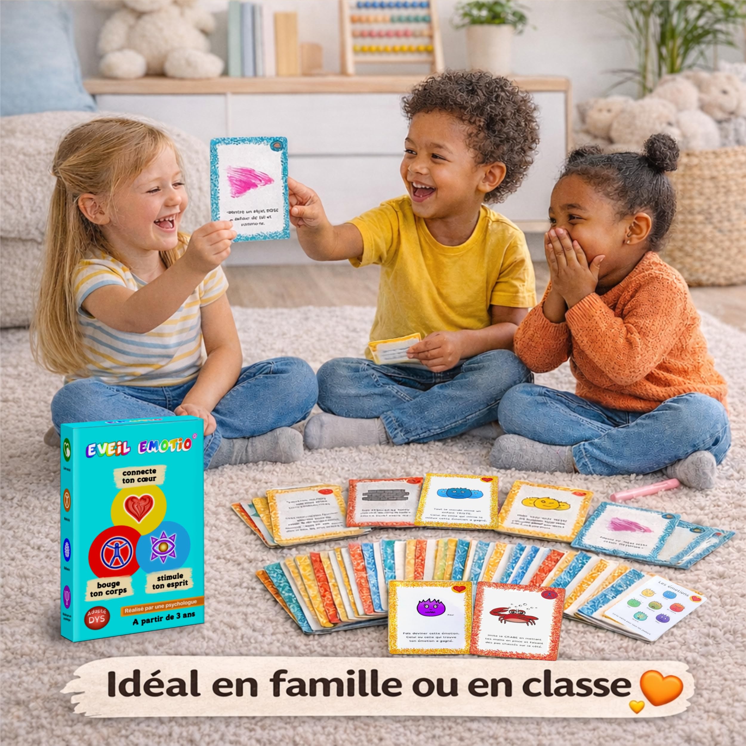 EVEIL Jeu de Cartes éducatif pour Le Coeur, Le Corps et l'esprit | Intelligence, Motricité, Emotions, Concentration, Mémoire | À partir de 3 Ans | Fabriqué en France