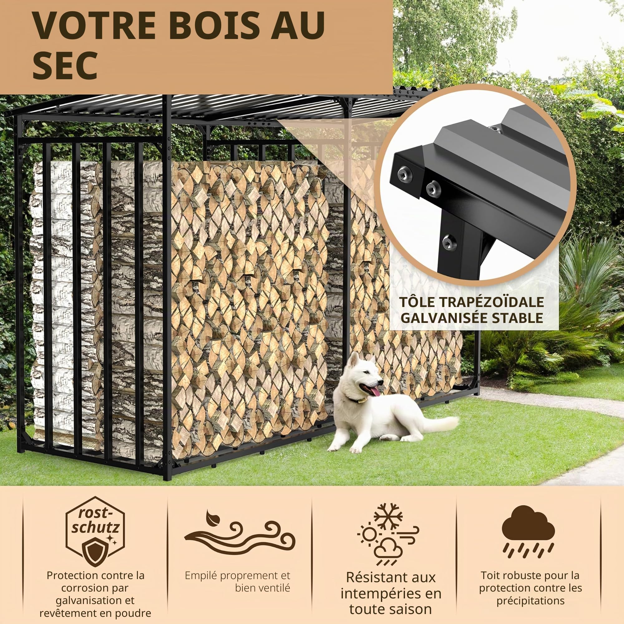 Abri à bûches extérieur en métal avec toit 300x105x185cm galvanisé | Résistant aux intempéries, Capacité 5 m³, Rangement bois de chauffage, XXL 3 m