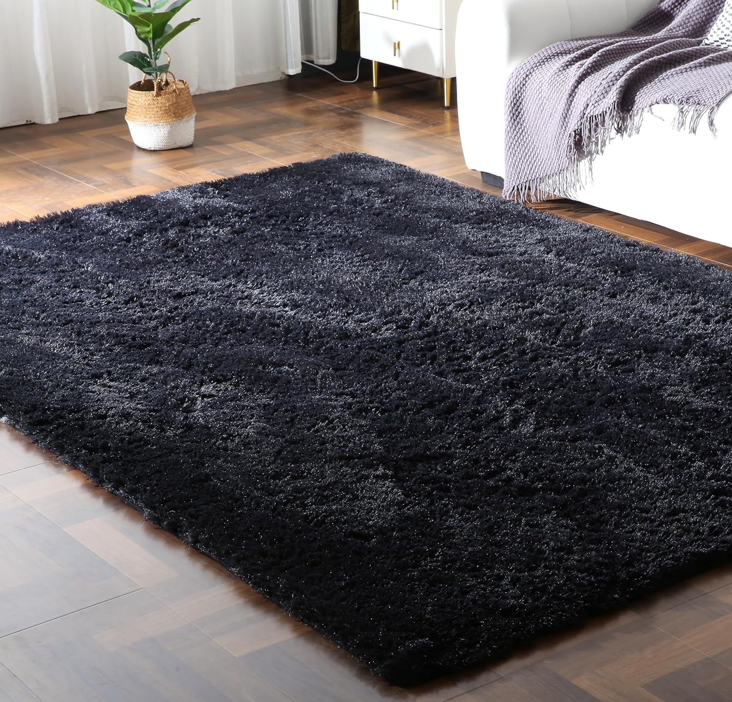 Fluffy Shag Area Rug, 5x7 Black Rugs for Bedroom, Soft