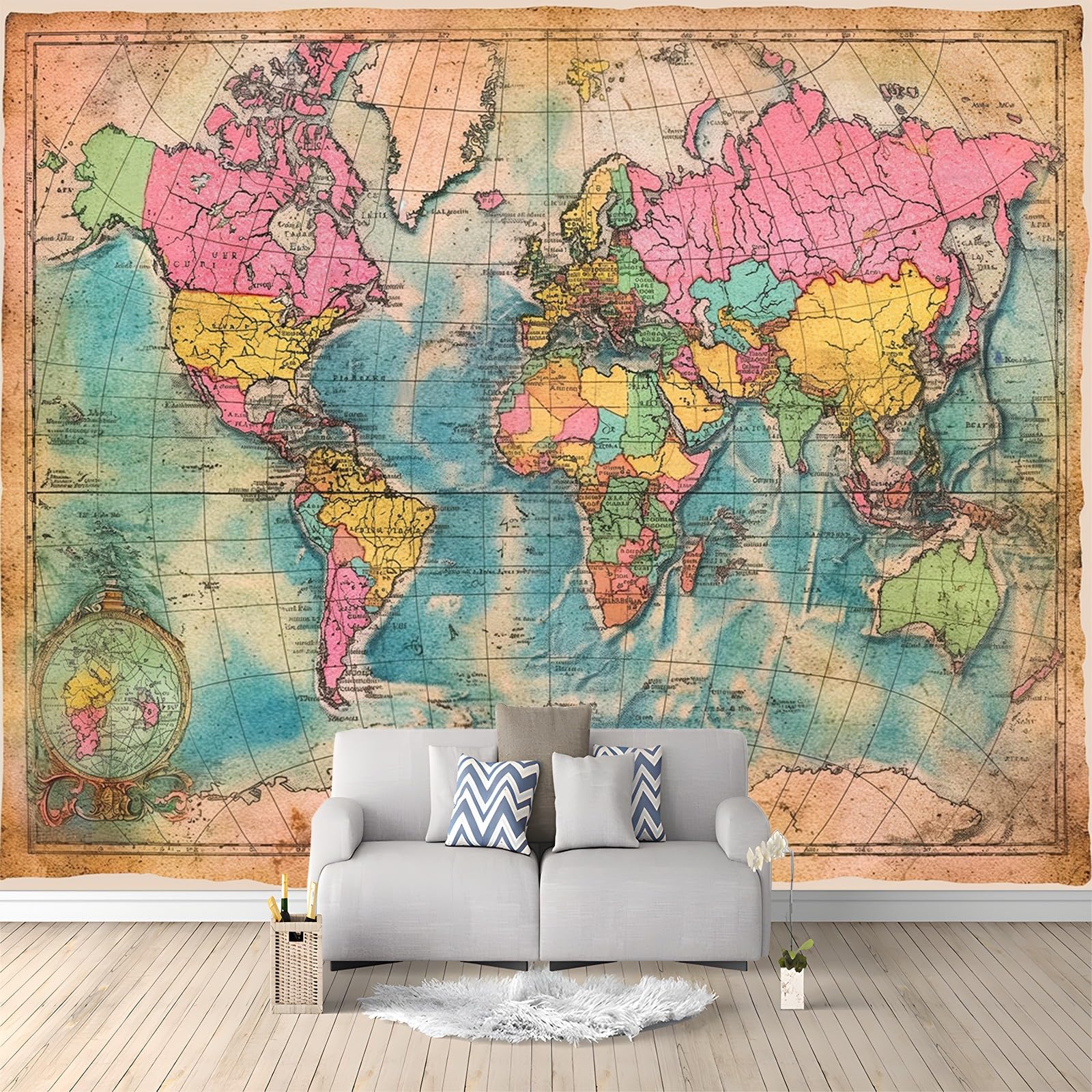 Fototapeta fototapeta mapa świata kolorowa retro 350 x 256 cm plakat mural HD druk 3D włóknina fototapeta, nowoczesny salon sypialnia tło telewizora dekoracja ścienna