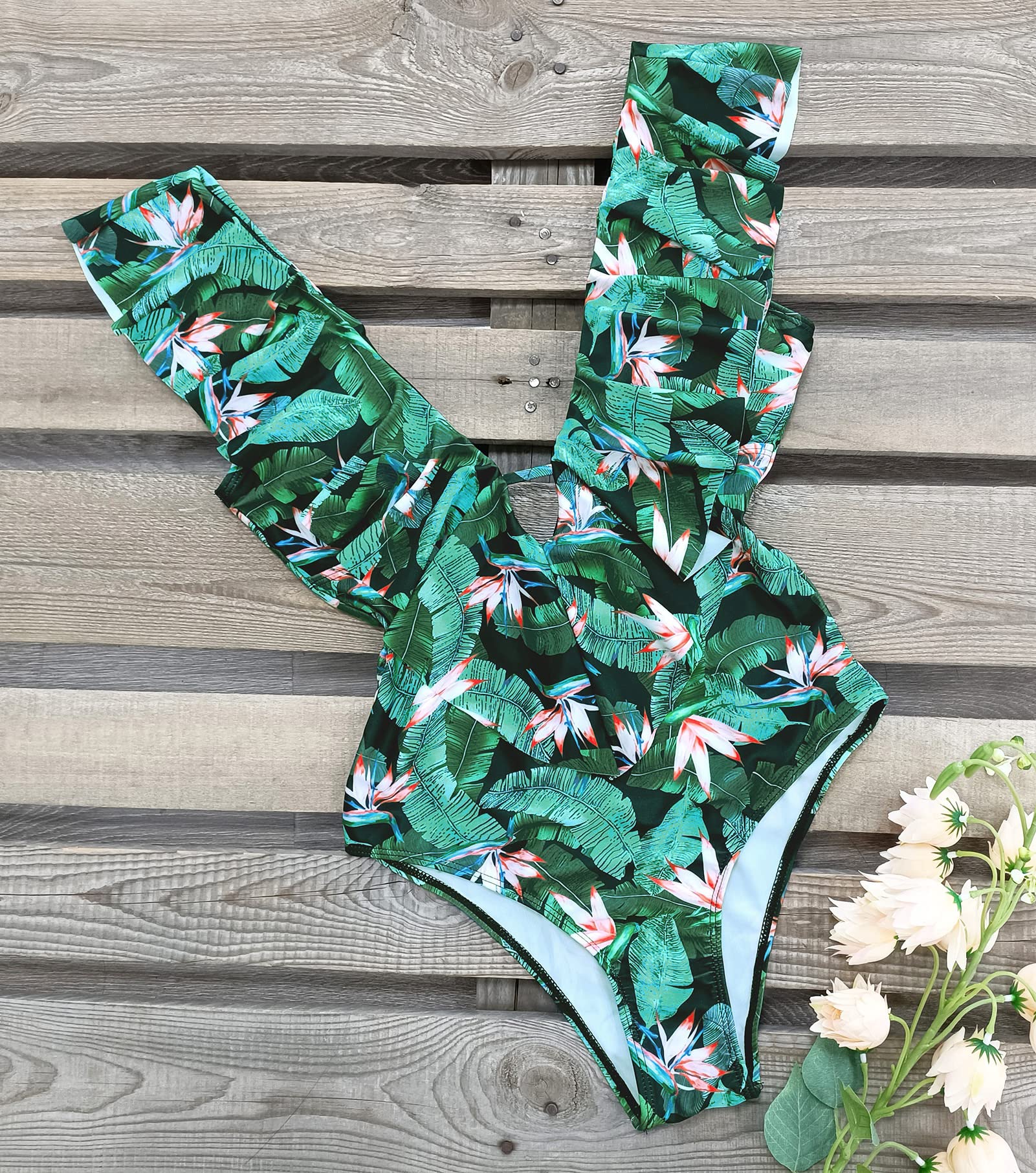 SPORLIKE Women One Piece Swimsuit VNeck Ruffle Bathing Suit Monokini