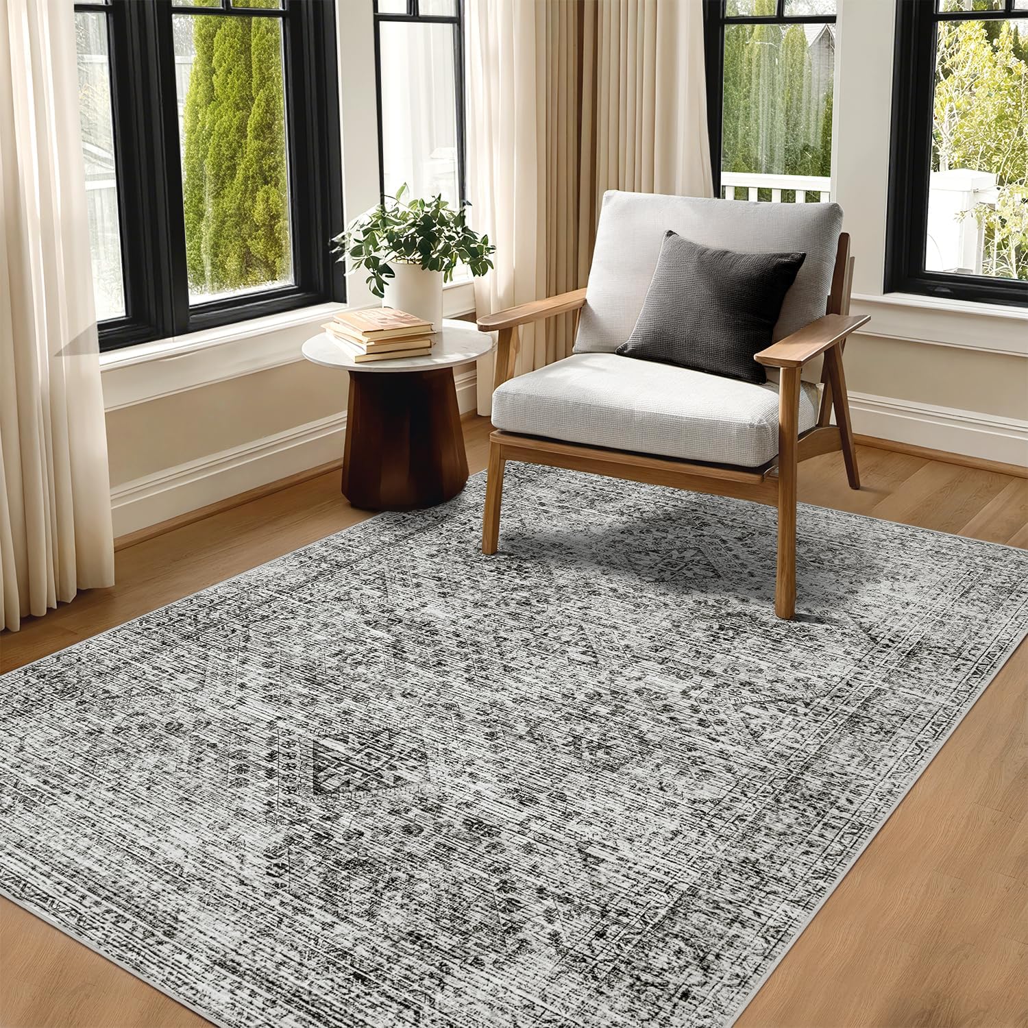 MIULEE 5x7 Vintage Living Room Rug Washable Area Rugs Low Pile Floor Mat for Bedroom Dining Room Non-Slip Stain Resistant Soft Indoor Carpet for Home Decor, Grey