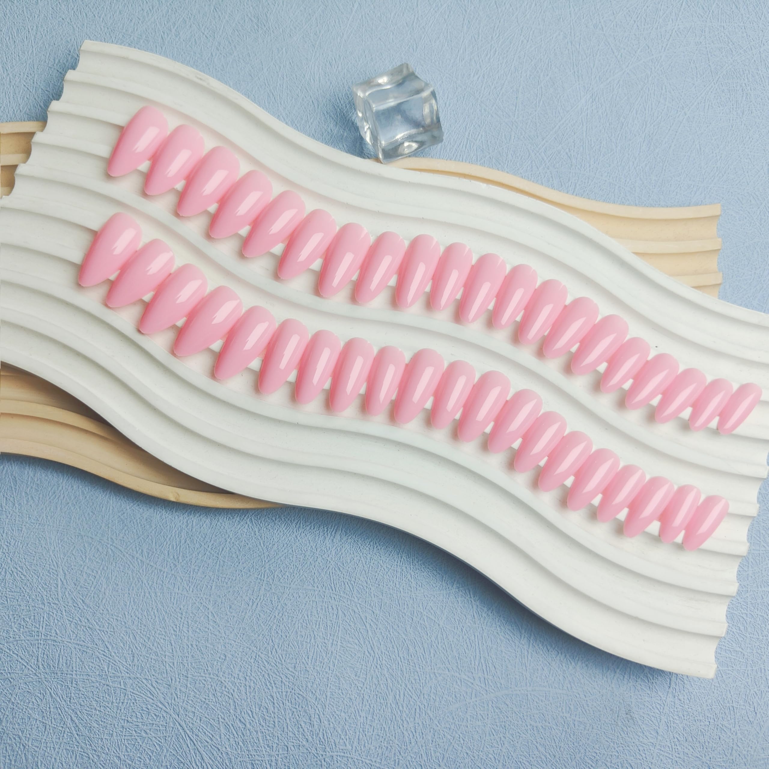 SXVME 48 Pcs Baby Pink Press on Nails Almond Medium Acrylic False Nails Medium Stiletto Natural Fake Nail Set Elegant Solid Color Full Cover Glossy Gel Stick on Nails for Women Daily Wear - Image 3