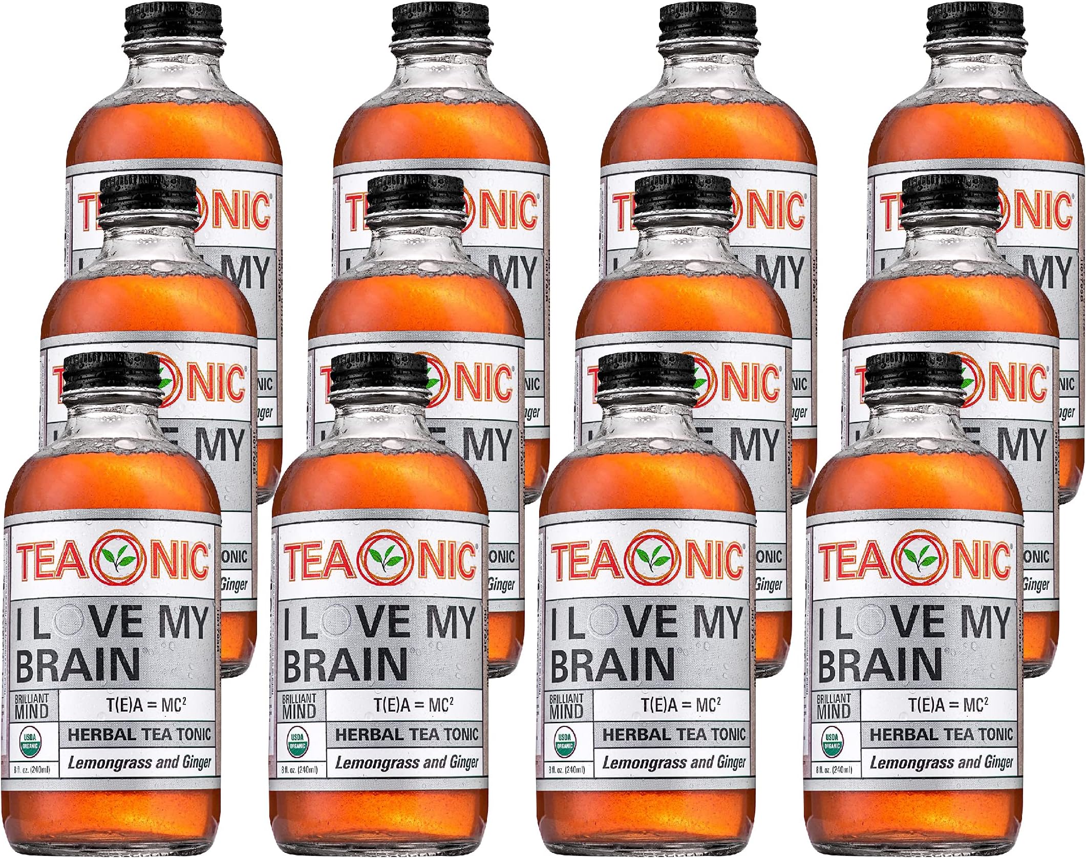 TEAONIC I Love My Brain, Herbal Tea Tonic With Lemongrass And Ginger Root, USDA-Certified Organic Tea, Caffeine-Free, 12 Bottles, Each Weighing 8 Fl OzUSDA Organic