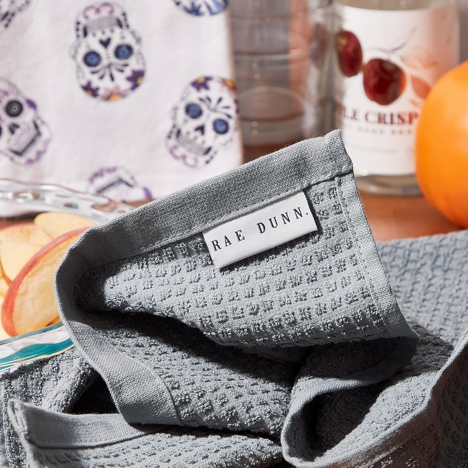 Rae Dunn Set of Hand Towels for Kitchen and Bathroom, 100% Cotton, Embroidered Dish Towels, Decorative Hand Towels, Skulls/Gray, 3 Pack - Image 4