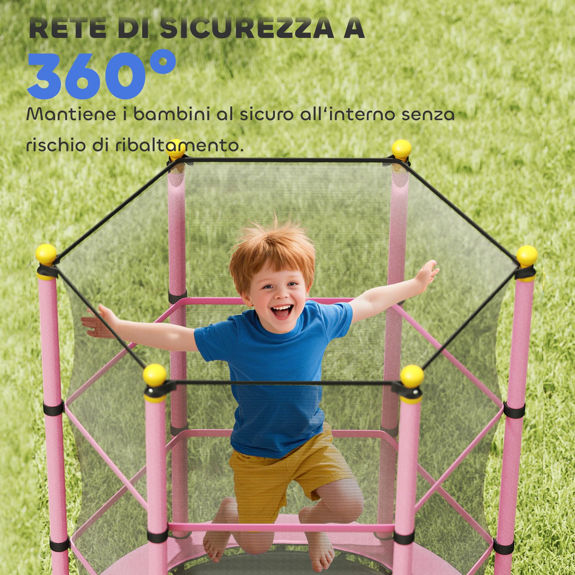 HOMCOM Trampolino Elastico per Bambini con Rete di Sicurezza e Pali Imbottiti, Tappeto Elastico Bambini in Acciaio per Interno ed Esterno, Età 3-10 Anni, Ø140 x 190 cm