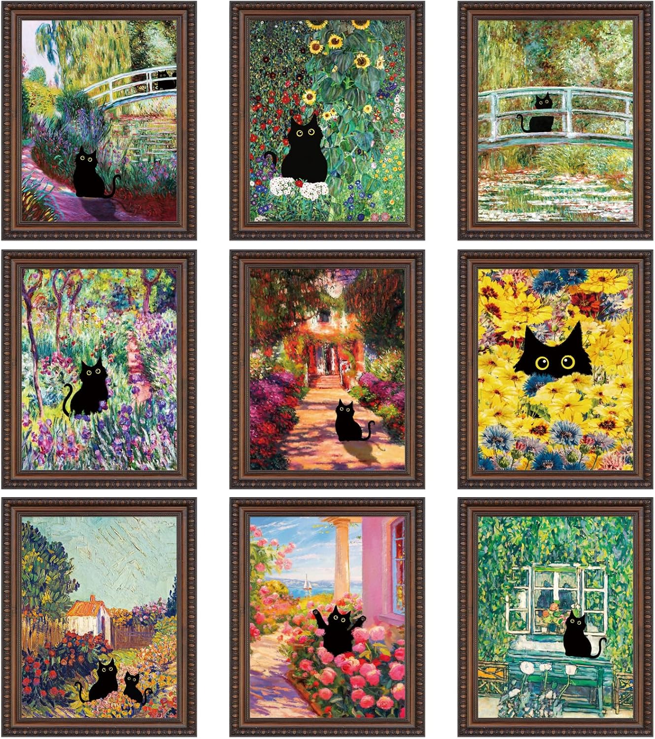 Dazoratix Cat Wall Art Poster - 9 Pcs Funny Black Animal Flower Prints Decor Aesthetic Cute Vintage Van Gogh Floral Gallery Artcat Pictures Painting for Bathroom Bedroom Home Living Room (Unframed)