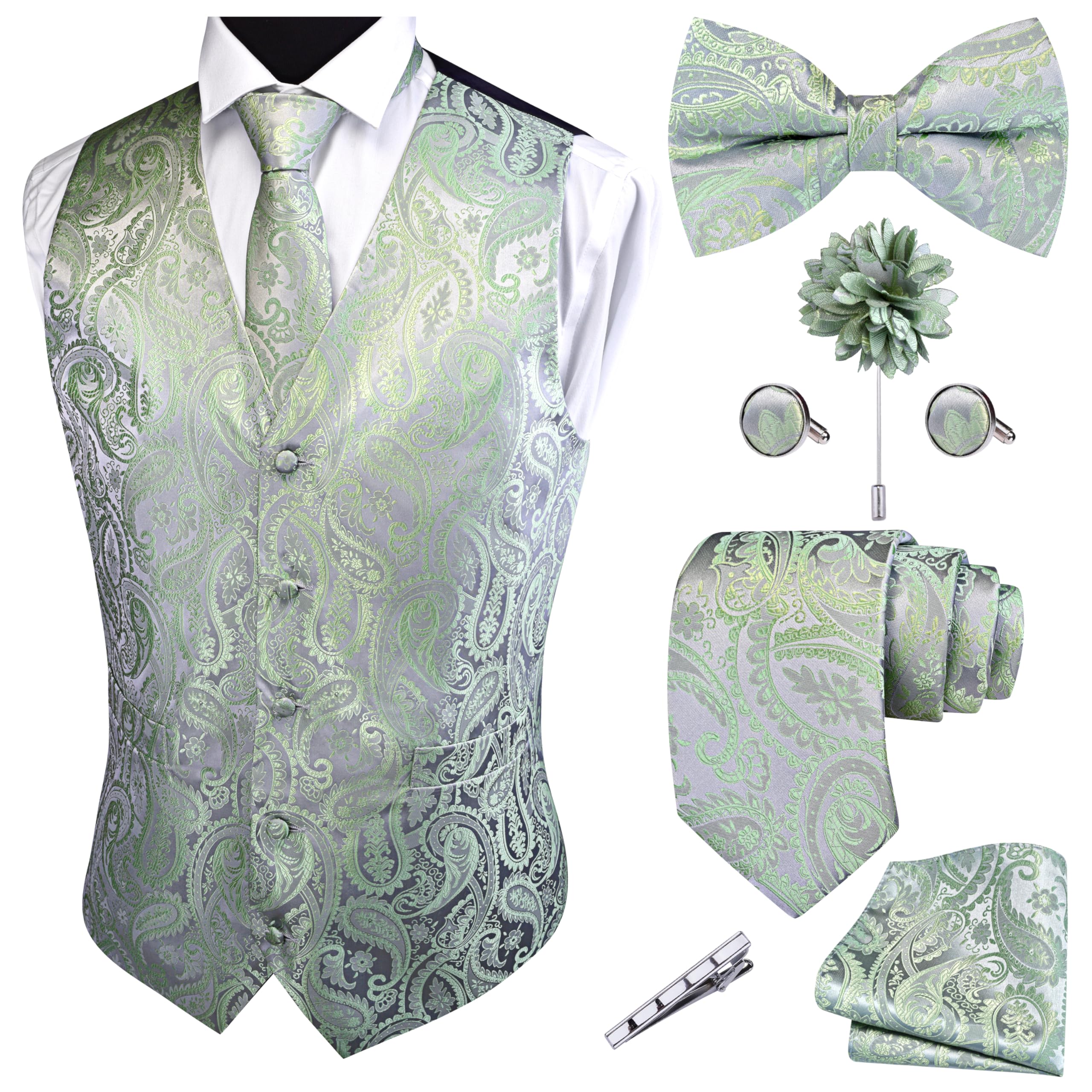 GUSLESON Formal Men Vest Paisley Floral Jacquard Tie Waistcoat Bow tie Hanky Lapel Pin Cufflinks Set Wedding 7PCS