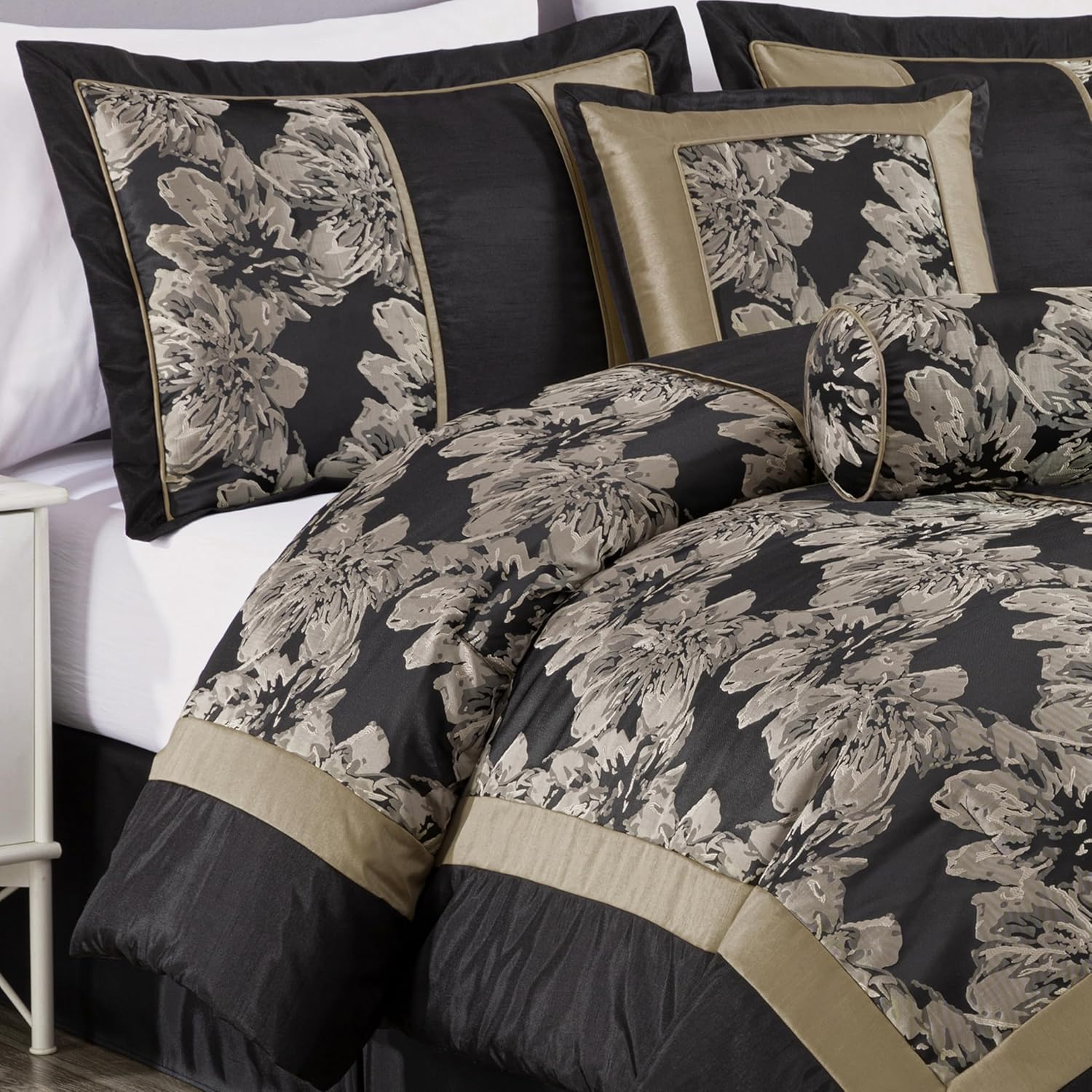 Chezmoi Collection Cameron Comforter Set King Size, 7-Piece Black Gold Hibiscus Floral Jacquard Bedding Set