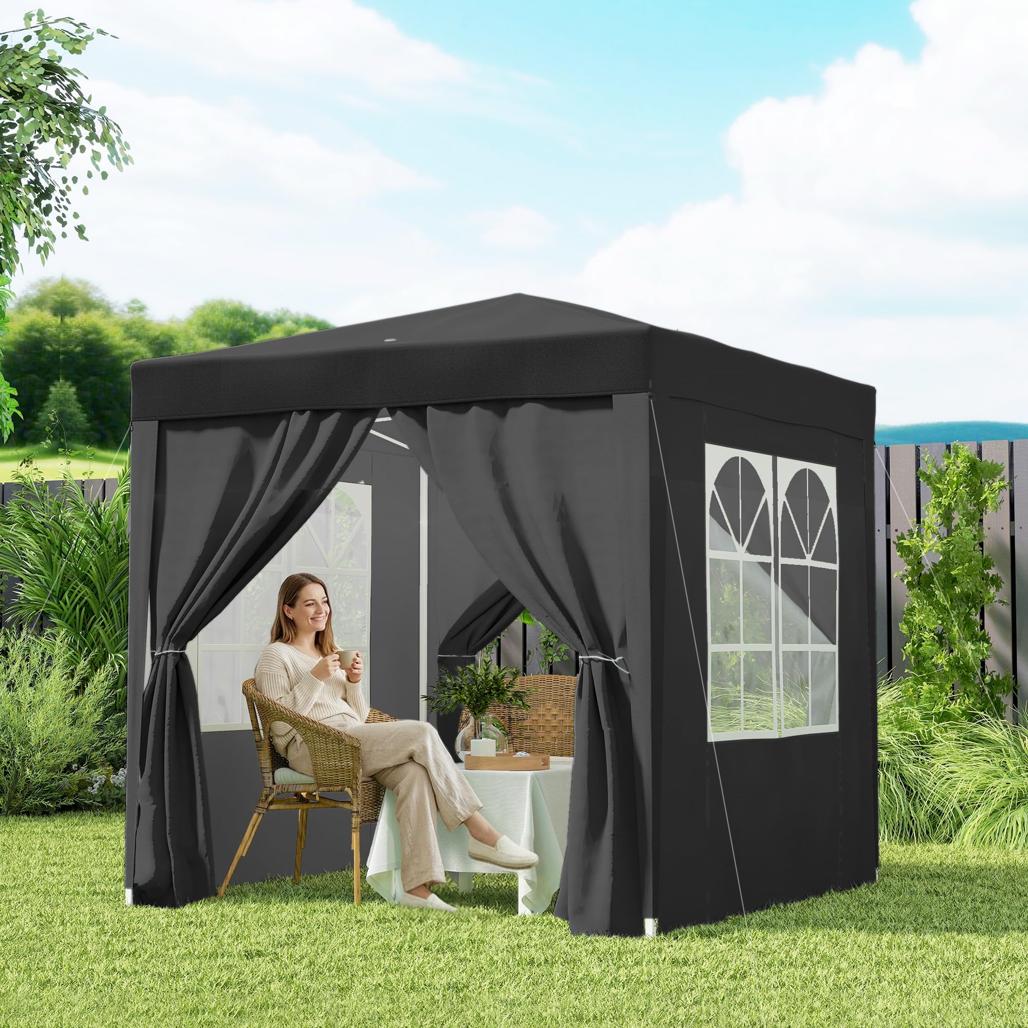 Outsunny Tonnelle de Jardin Pliante Pop-up 2 x 2 m, Protection UV, Cadre en Acier, 4 côtés Amovibles, Noir