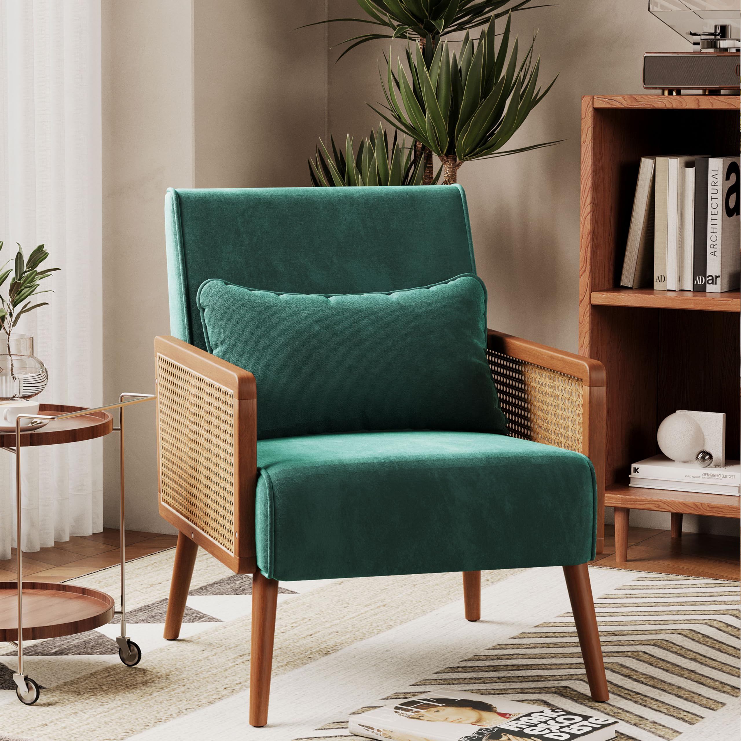 Mid Century Velvet Accent Chair, Wooden Leisure Armchair with Rattan  Armrest, Modern Comfy Reading Chair, for Living Room Bedroom Lounge Side  Boho
