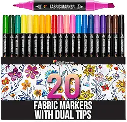 Zenacolor 20 marcadores de tecido com pontas duplas - marcadores de tecido de cores vibrantes permanentes para roupas - Marcadores de tinta de tecido fino e com ponta de cinzel