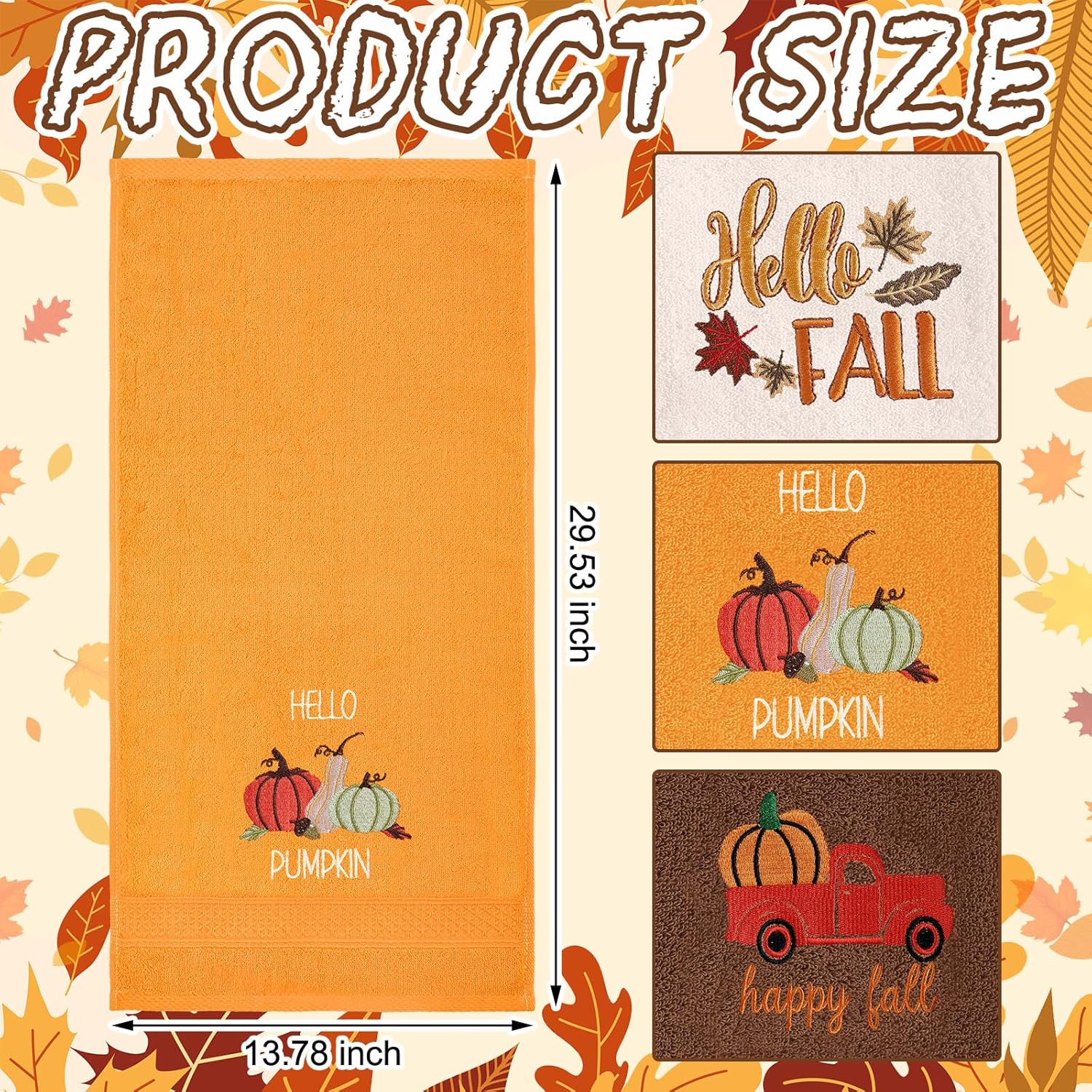 3 Pcs Fall Pumpkin Hand Towels for Bathroom Embroidered Bathroom Towels Farmhouse Decorative 13.78 x 29.53 Inch Absorbent Soft Cotton for Kitchen Dish Fast Drying Decor - Image 3