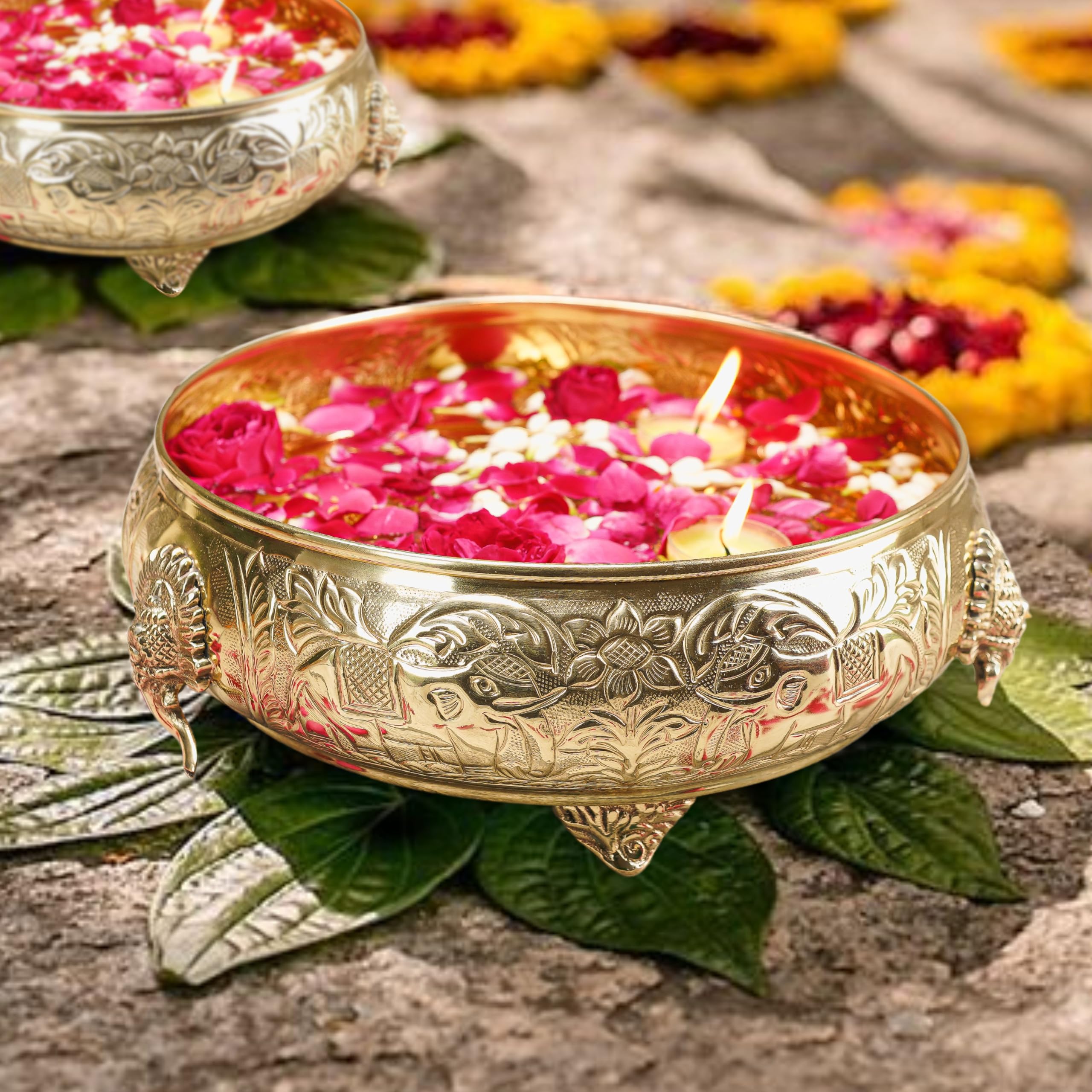 BEHOMA Ethnic Carved Elephant Design 12 Inches Brass Urli Decor Bowl, Golden Center Table Flower Decorative Bowl for Home Decor, Urali for Haldi, Mehndi Wedding, Pooja and Holi Decoration, 1 pc-image-39
