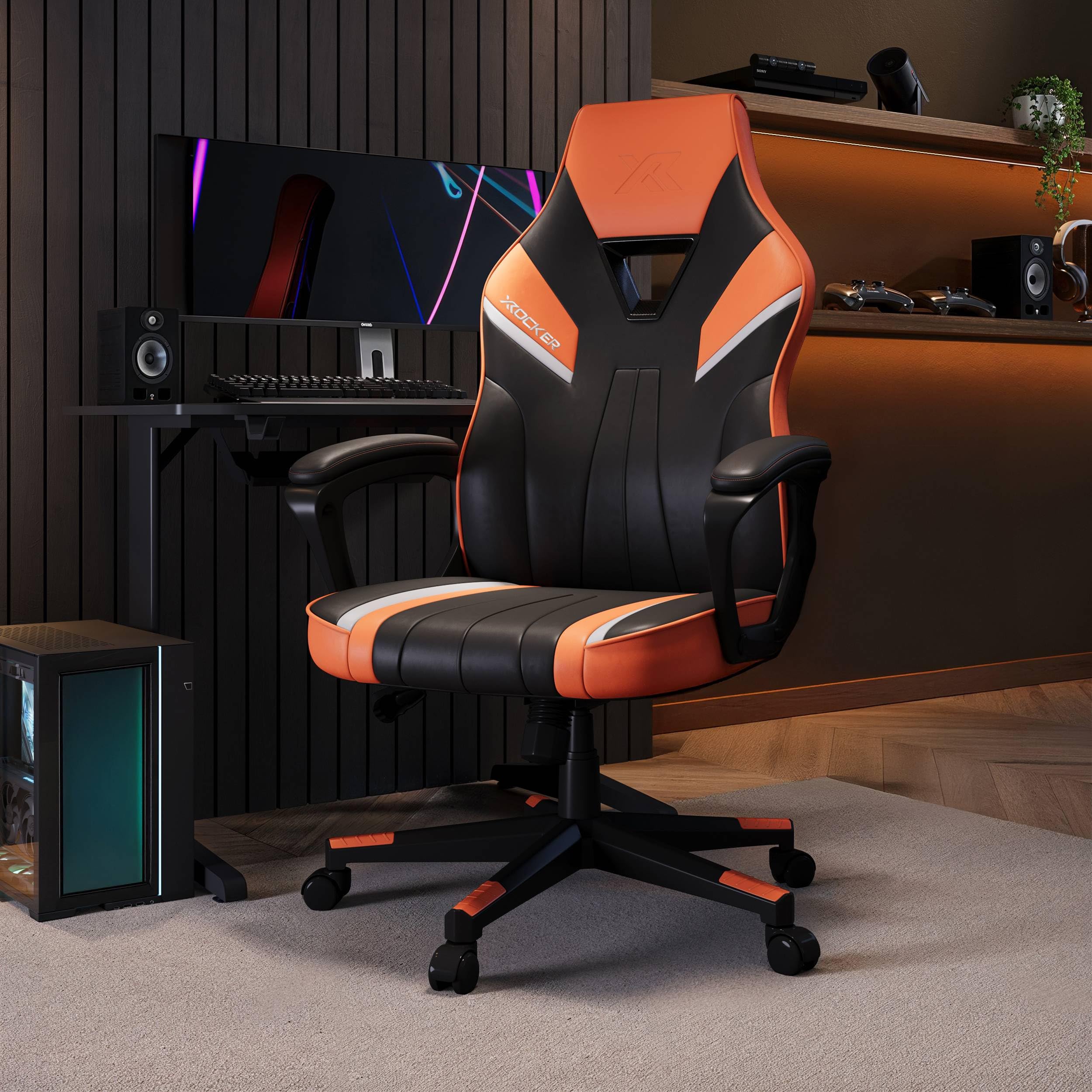 X-Rocker Tempest High Back Ergonomic Office Gaming Chair for Adults & Teens - Extra Wide Seat, Cushioned Armrest, Height Adjustable, Wipe-Clean Faux Leather - Orange
