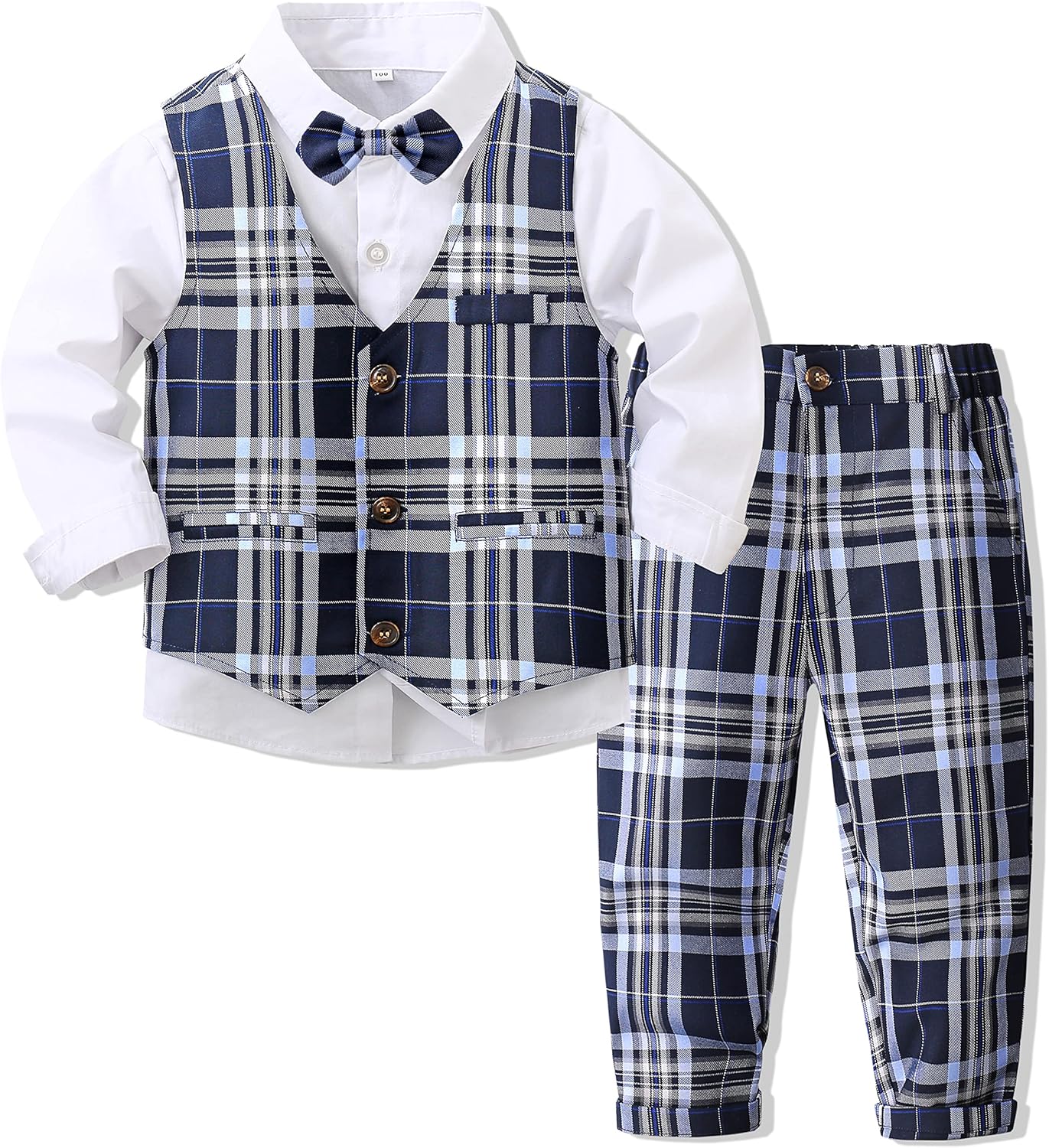 Boys’ Plaid Button Down Polyester Casual Dress Shirt Slim Fit +Vest+Pant Outfits