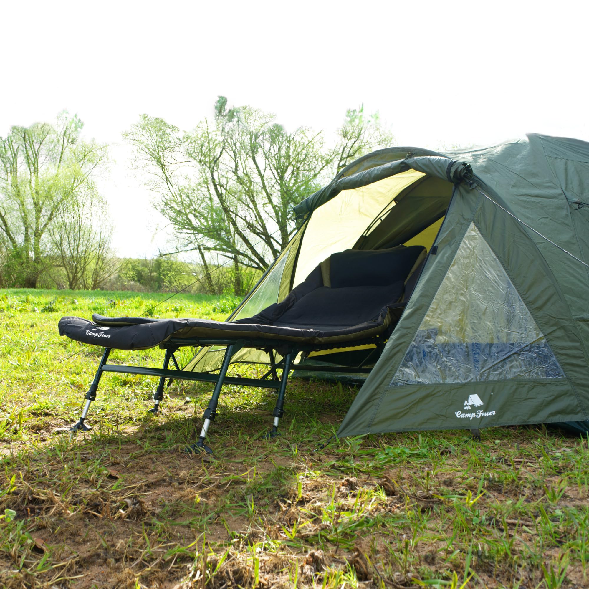 CampFeuer Lettino da pesca XXL 210 x 85 x 45-60 cm | Lettino da carpa regolabile in altezza e stabile con 8 gambe | Letto pieghevole, lettino da campeggio, lettino da carpa
