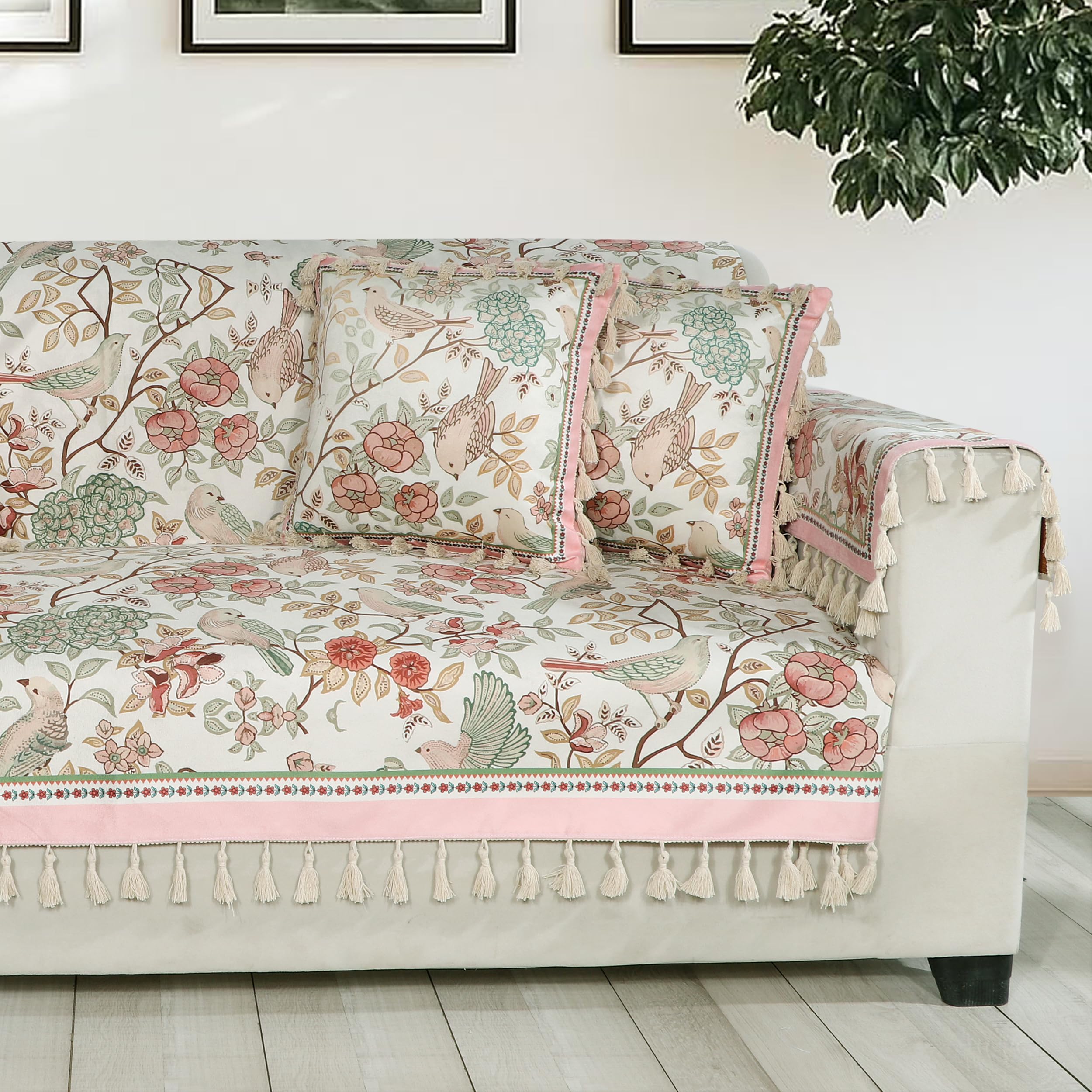 ishro home Premium Sofa Cover 3 Seater Protecter with 2 Handle Covers – Soft European Standard Fabric, Frill Design, Machine Washable | (Gul-o-Parinday, 3 Seater)-image-21
