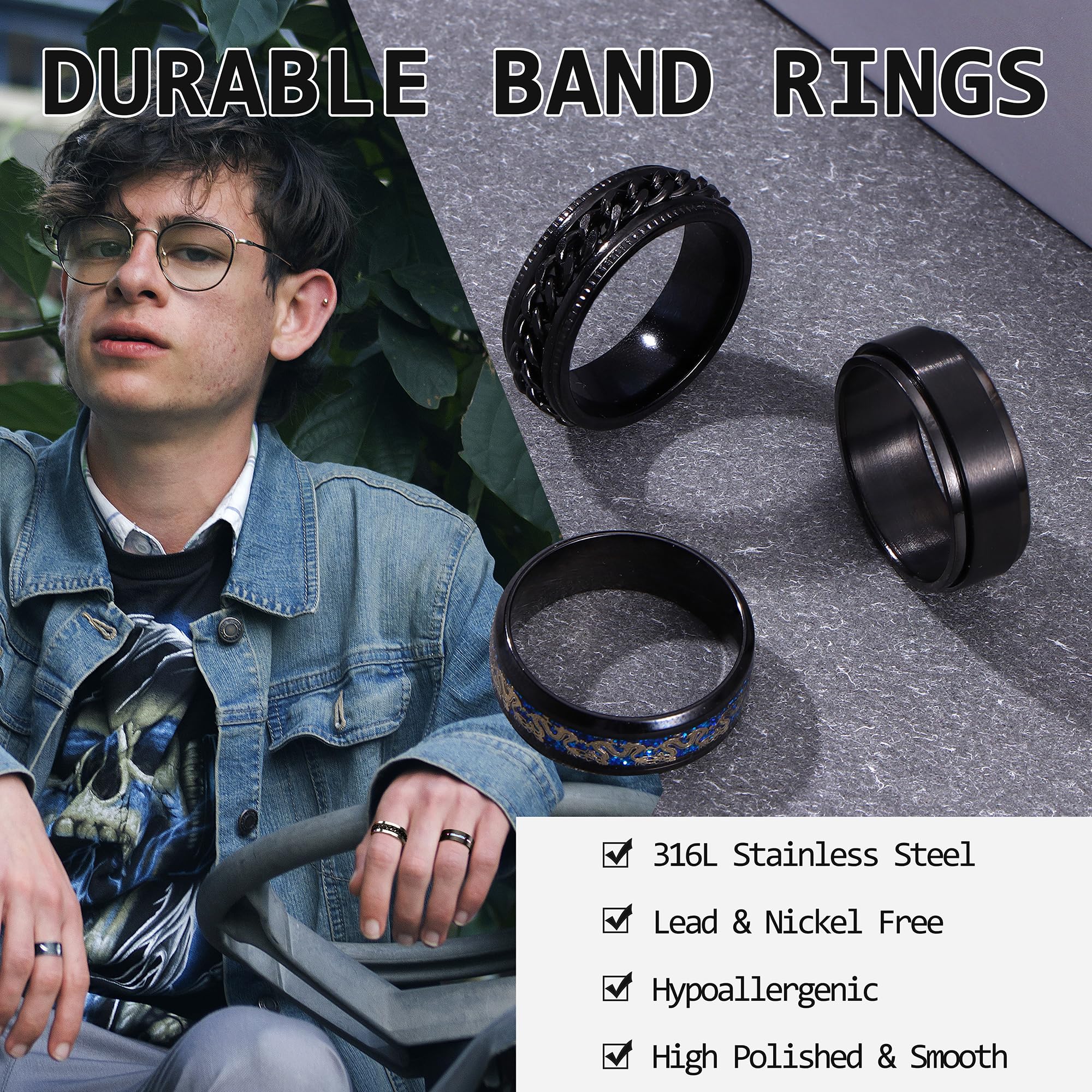 ADRAMATA 9Pcs Anello Uomo Acciaio Inossidabile Anello Antistress Vintage FEDI Nuziali Anelli di Fidanzamento Promessa Anello a Catena Anelli Fidget Set Anelli Uomo Mujer Anello Uomo Nero Argento