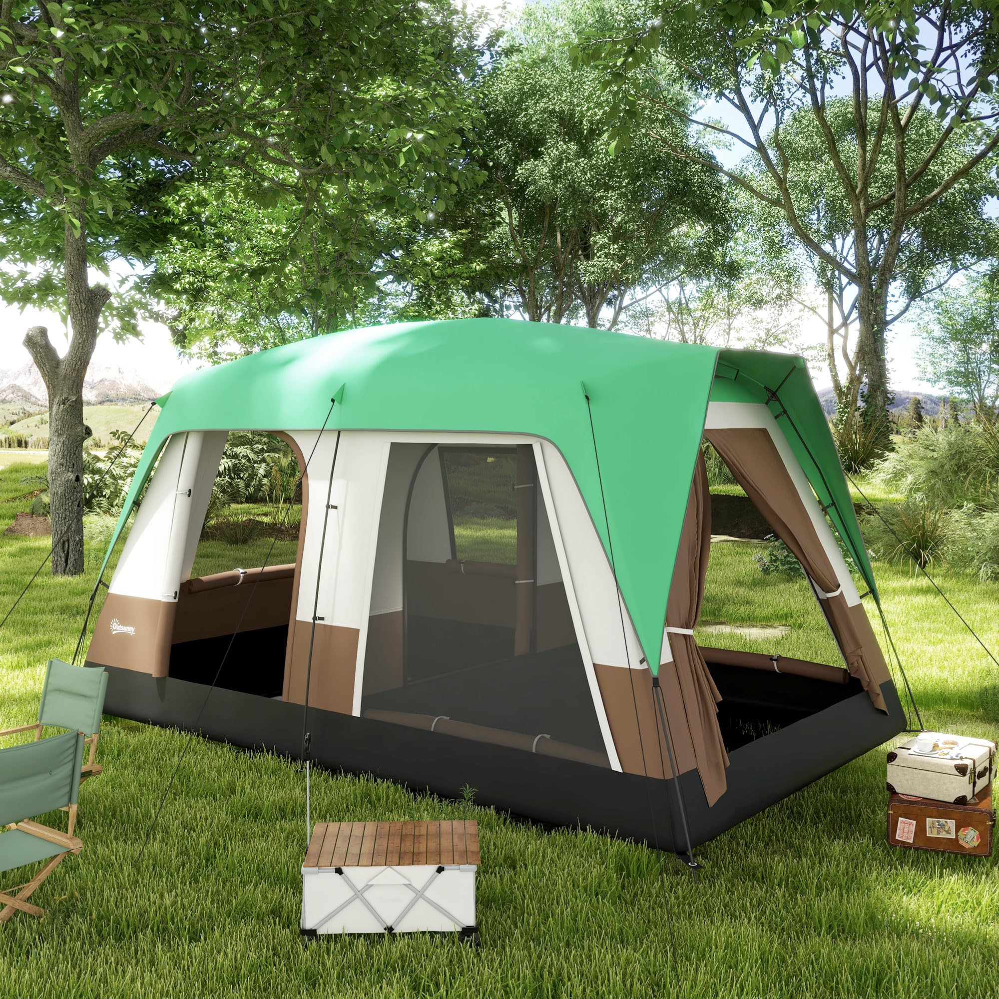 Outsunny Tenda da Campeggio 4 Posti Impermeabile con Finestre a Rete, Tenda a Tunnel in Poliestere, 490x305x225 cm, Verde