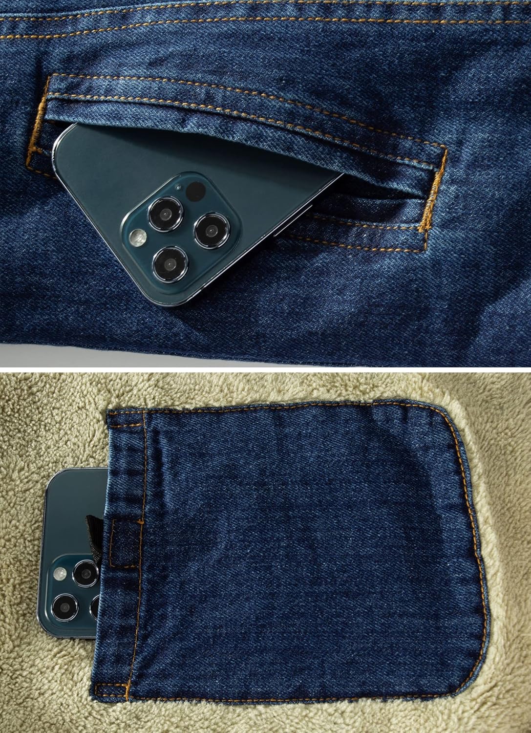 HOW'ON Men's Plus Cotton Warm Fur Collar Sherpa Lined Denim Jacket Button Down Classy Casual Quilted Jeans Coats Outwear - Image 6