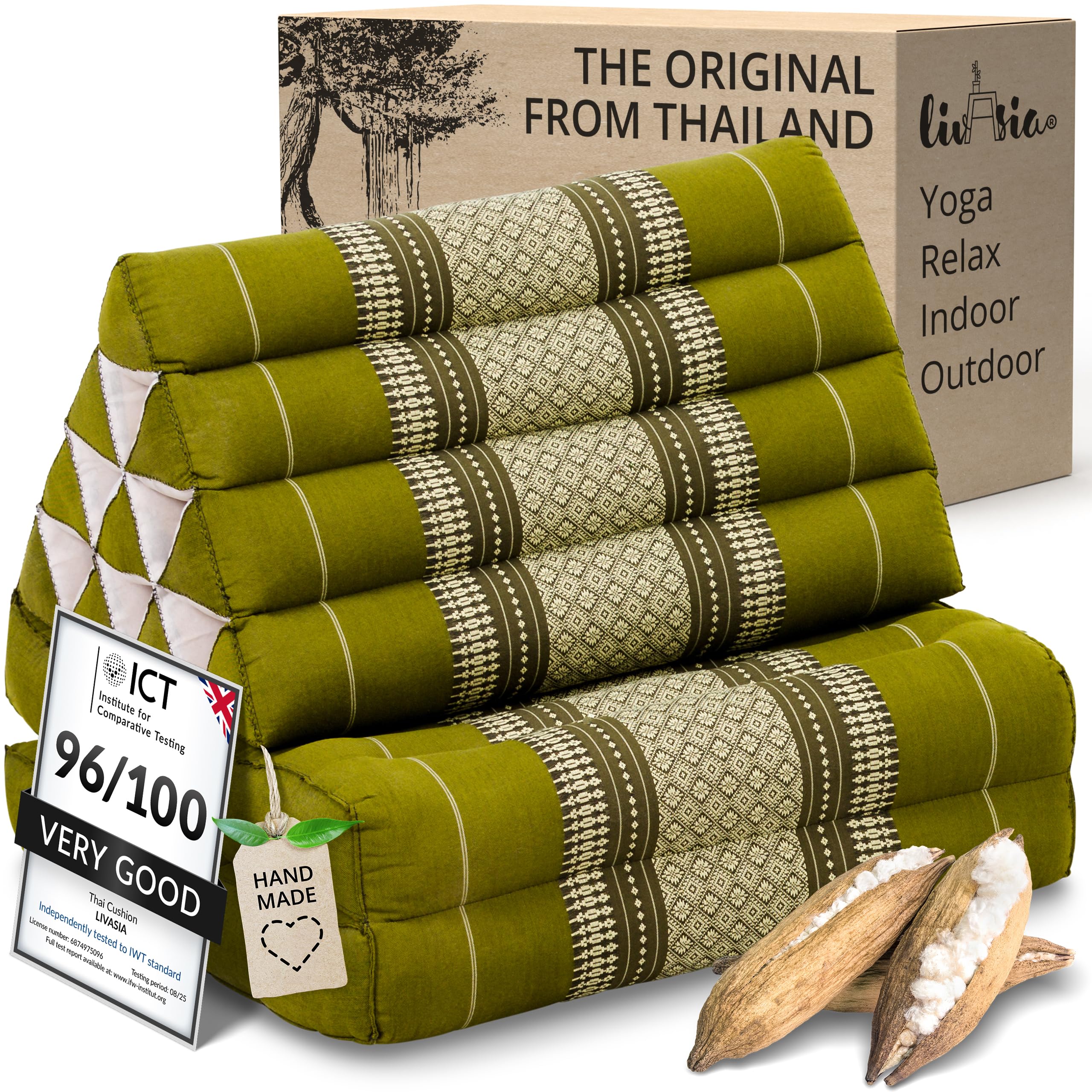 livasia Thai cushion with 2 seat rests - 47x20x3.1″ - Triangle cushion with seat cushion, Wedge cushion, kapok, Back support cushion, folding, Thai mat, folding, Hand made (Green)