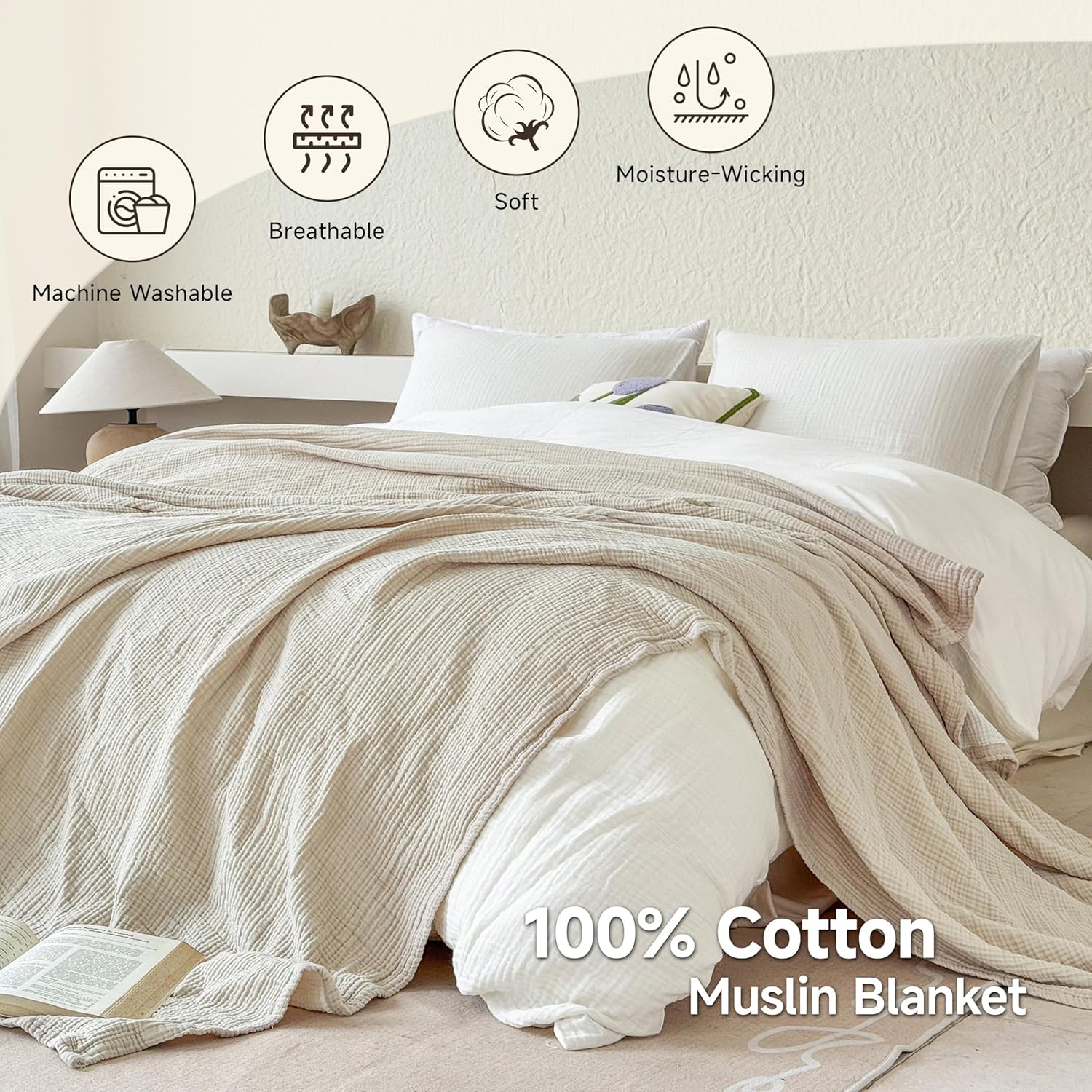 Simple&Opulence 100% Cotton Muslin Blanket Twin Size, Lightweight Breathable 4 Layering Gauze Blanket for Bed Couch Camping, Soft Bedspread Coverlet All-Season Use (Beige, 68"x86") - Image 3