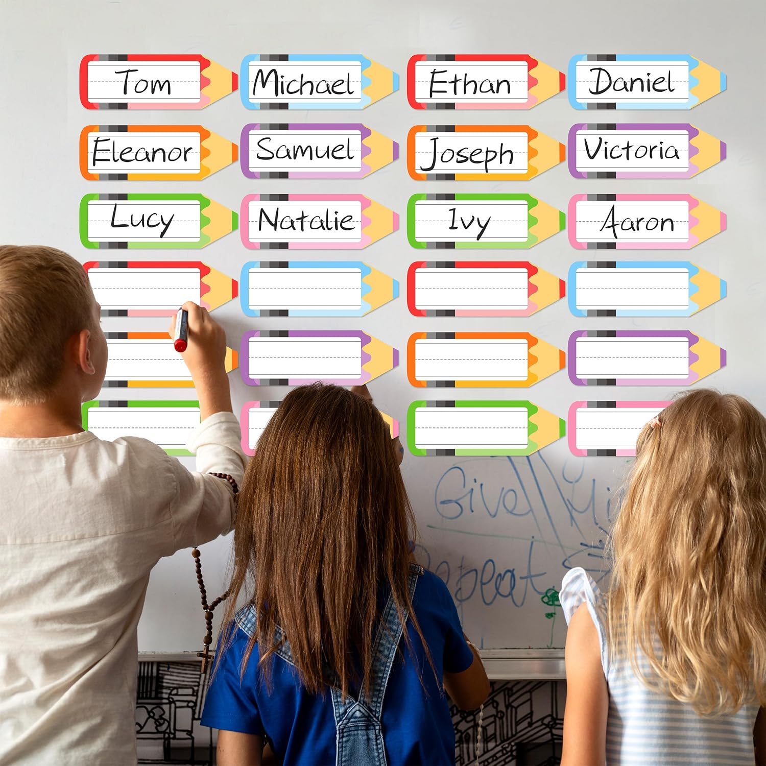Classroom Magnetic Name Tags - 36Pcs Dry Erase Magnetic Labels for White Board Desks Lockers Reusable Rainbow Pencils Name Plate