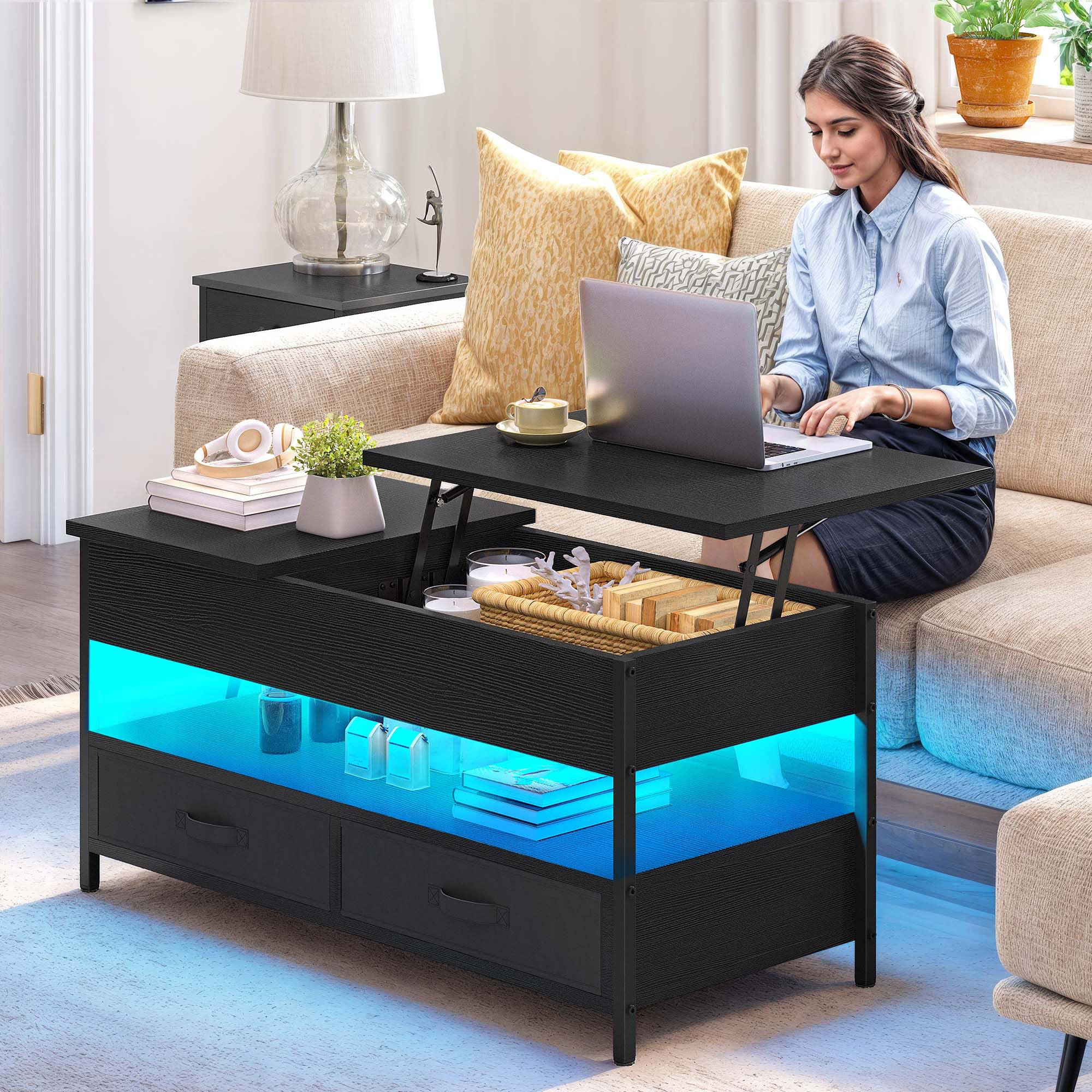 YITAHOME Table Basse Relevable, Table Basse Salon Noir avec Ruban LED RGB et 2 Tiroirs, 106 x50x51,5cm, avec Plateau élévateur et Rangement Caché, Idéal pour Le Salon