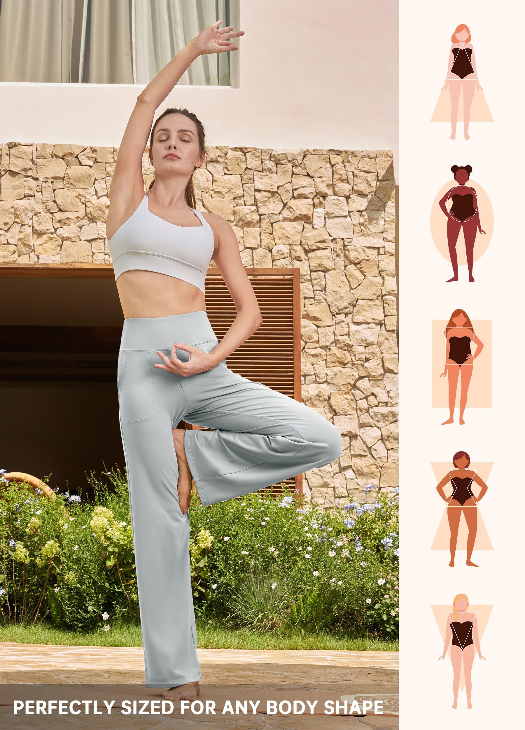 Willit Pantalones de yoga para mujer, de pierna ancha, pantalones de trabajo, elásticos, casuales, pantalones con bolsillos, cintura alta, 71 cm, 76 cm, 81 cm