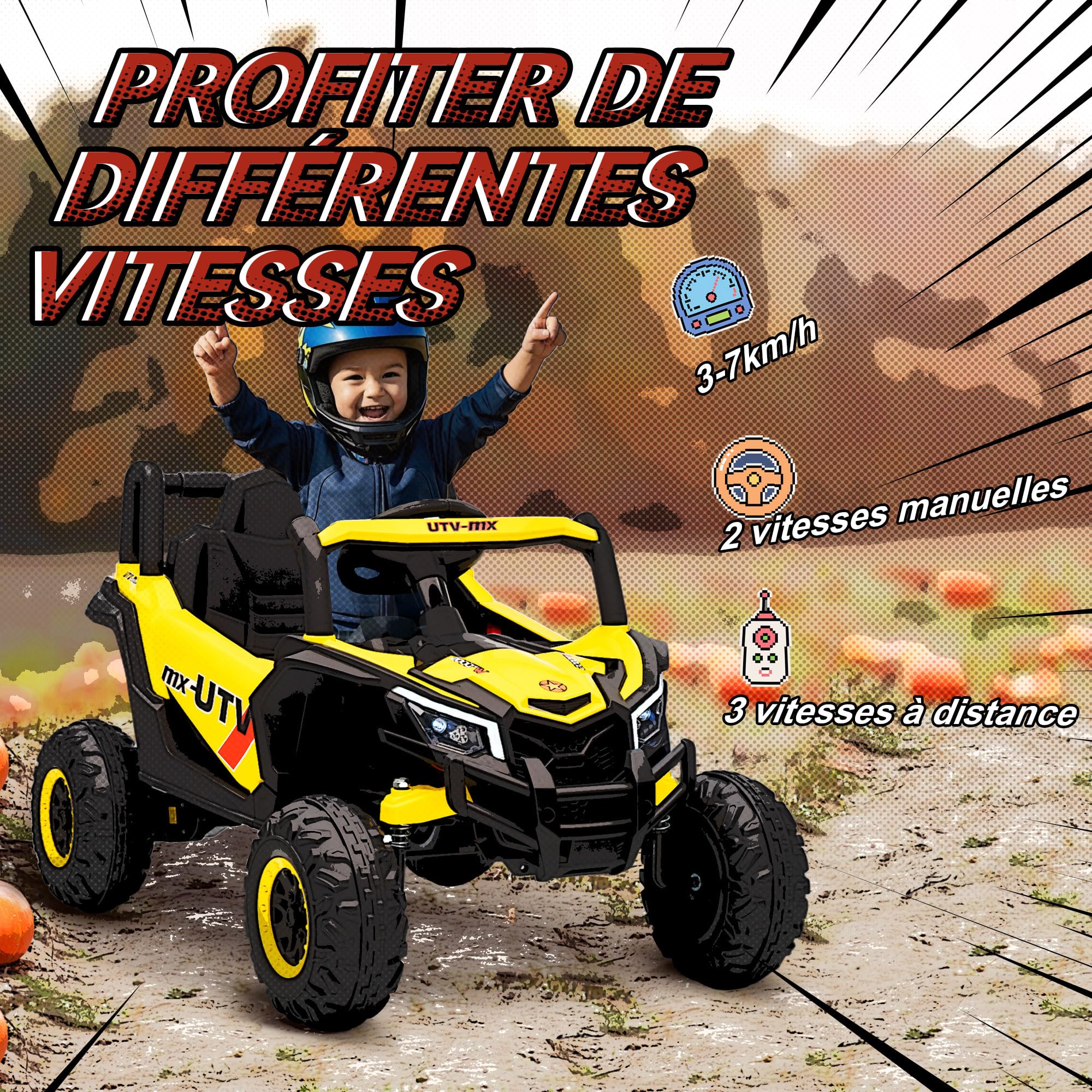 AIYAPLAY Auto elettrica per bambini UTV 12 V, buggy elettrico per bambini con telecomando 2,4G, avviamento lento, sistema di sospensione, luci, musica, porta USB, per ragazzi e ragazze 3-5 anni