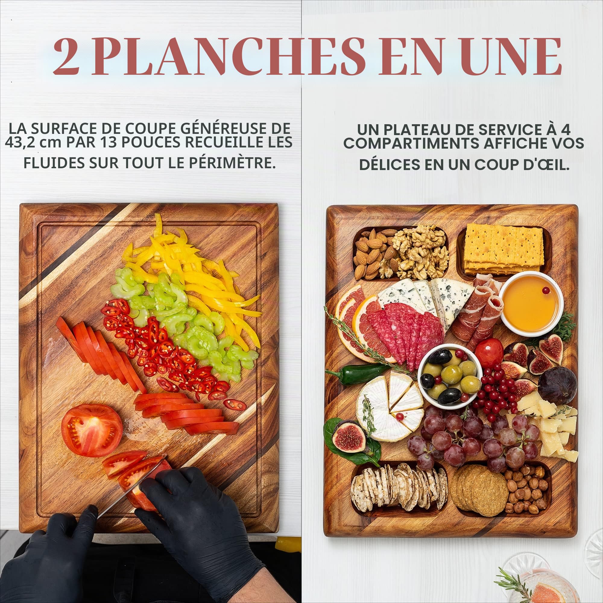 Planche à Découper Bois Contour - Grande Planche a Decouper en Acacia en Bois Durable, avec rainure pour les liquides - Peut être utilisée comme planche de service, 4 compartiments - 43 x 33 x 3,8