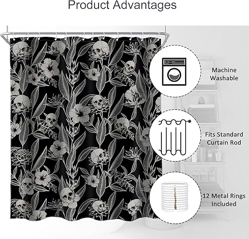 Miniatura 5 de AMBZEK Cortina de ducha con diseño floral de calavera gótica, 60 pulgadas de ancho x 72 pulgadas de largo, para hombre, esqueleto gótico,