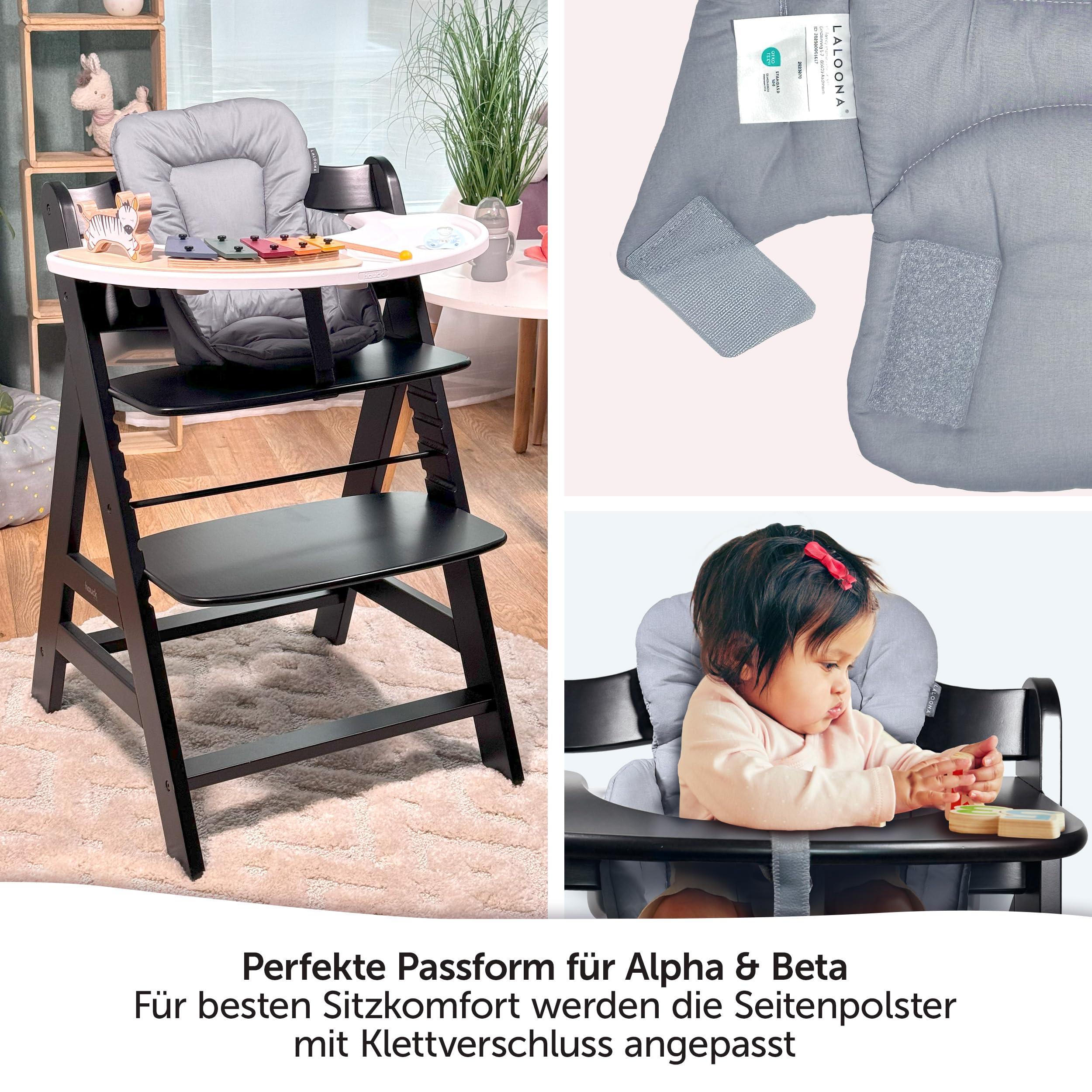LaLoona Sitzverkleinerer für Hochstuhl Hauck Alpha/Beta - Baby Sitzpolster beschichtet & abwaschbar, OEKO-TEX Standard 100 geprüft, maschinenwaschbar - Grau