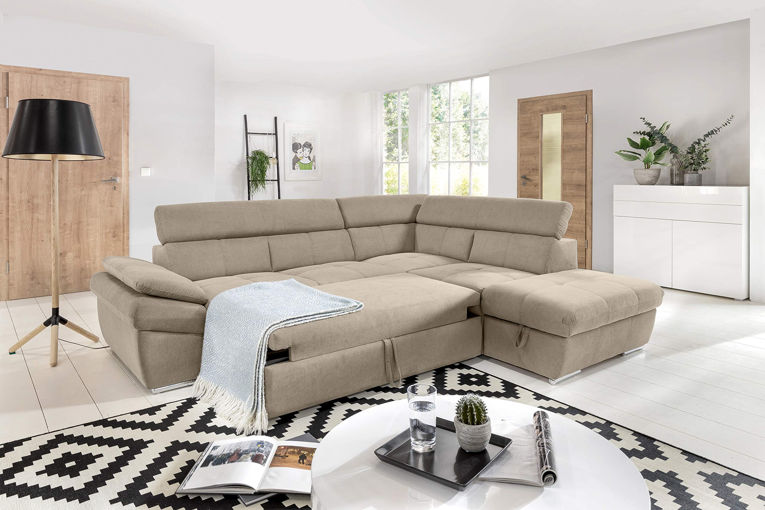 My Brand Divano Letto Angolare con Penisola Contenitore Dx Beige 265x218 cm | Microfibra nappata beige, funzione letto, penisola contenitore destra, divano soggiorno angolare, altezza 92 cm