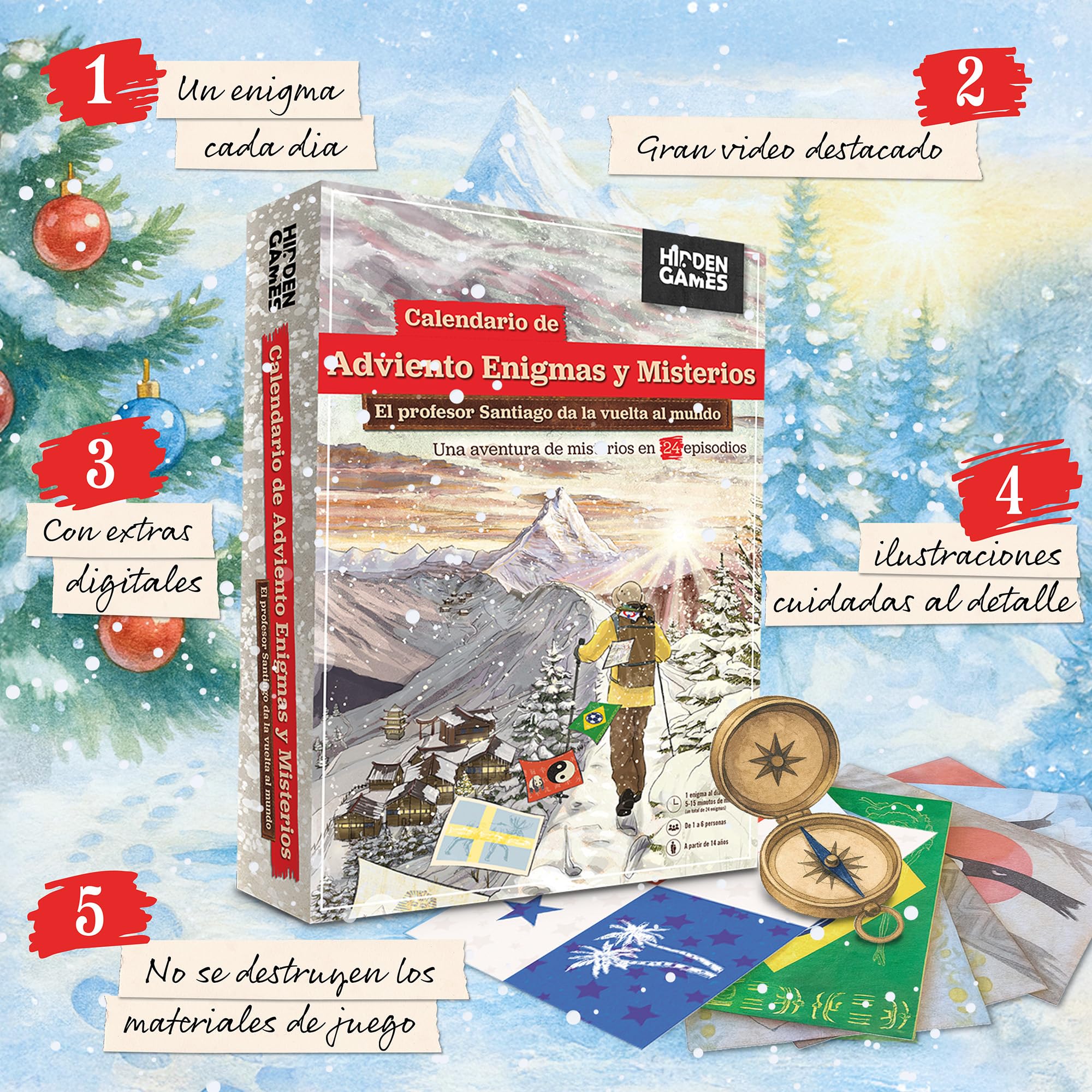 Hidden Games - Calendario de Adviento 2025 Enigmas y Misterios - El Profesor Santiago da la Vuelta al Mundo - Español - 1-6 Personas de 14 años y más - 24 Rompecabezas Individuales