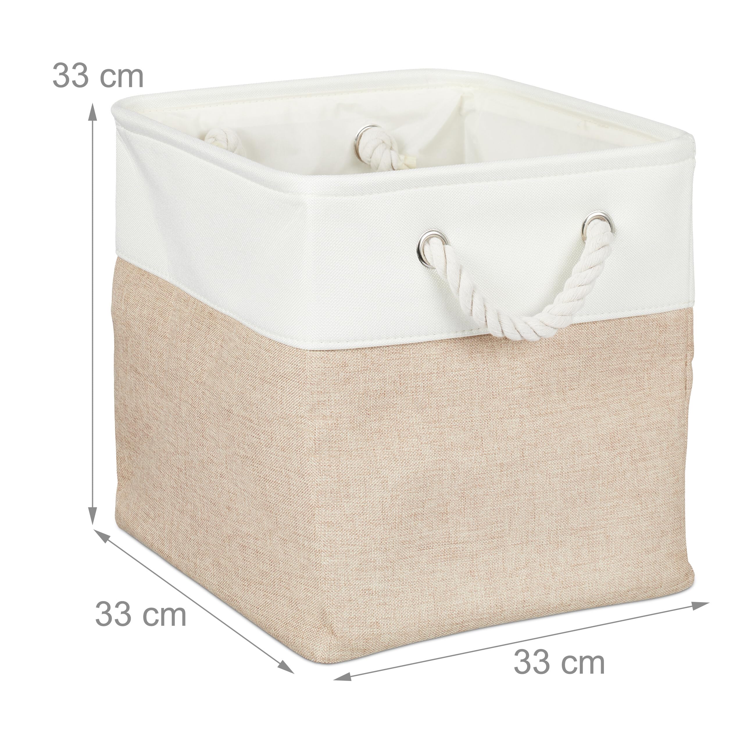 Relaxdays Cesti Portaoggetti in Tessuto Lino, 28x28x28 cm, Scatola da Scaffale a Cubo, Manici in Corda, Bianco Beige
