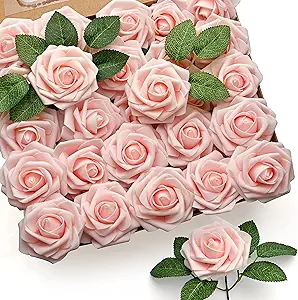Mocoosy 50Pcs Artificial Roses Flowers, Blush Pink Roses Artificial Flowers Foam Fake Roses with Stem for Wedding Bridal Bouquets Party Centerpieces Artificial Flowers Crafts DIY Home Decoration