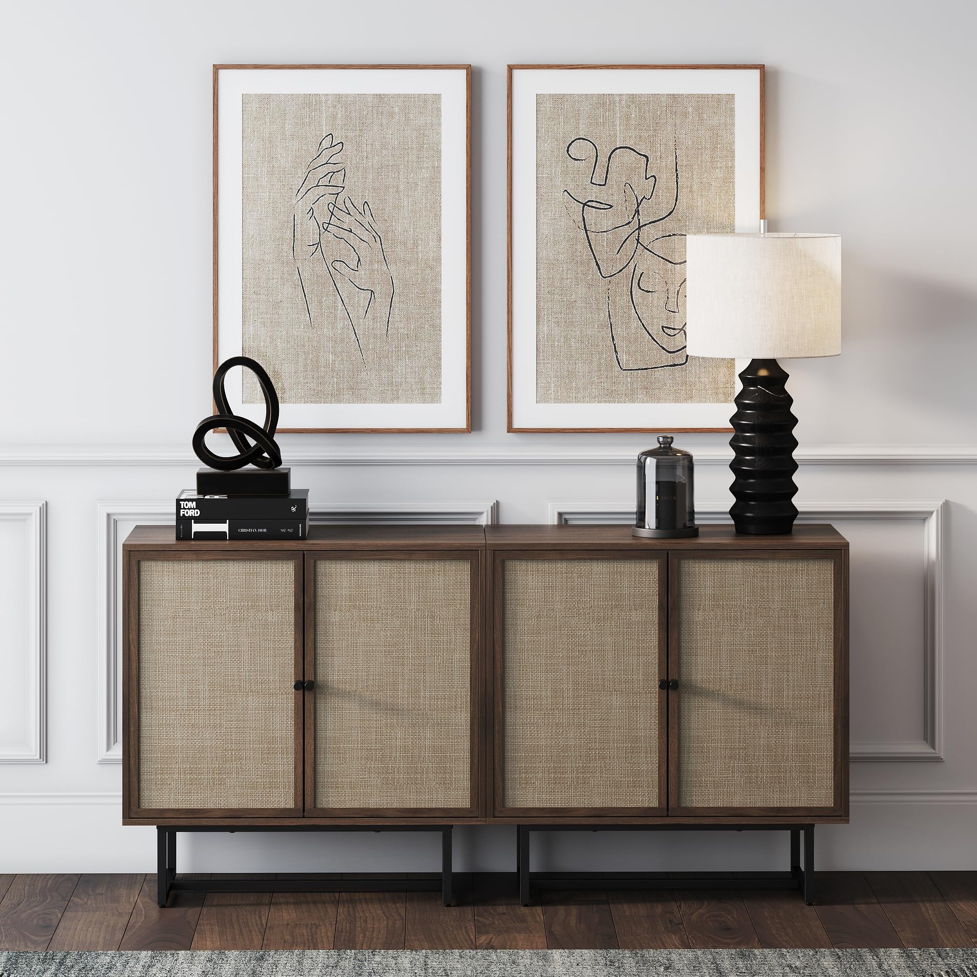Nathan James Kova Bohemian Rattan Sideboard or TV Stand, Wooden Storage Cabinet with Doors, Walnut Sideboard Buffet or Rattan Accent Storage Cabinet