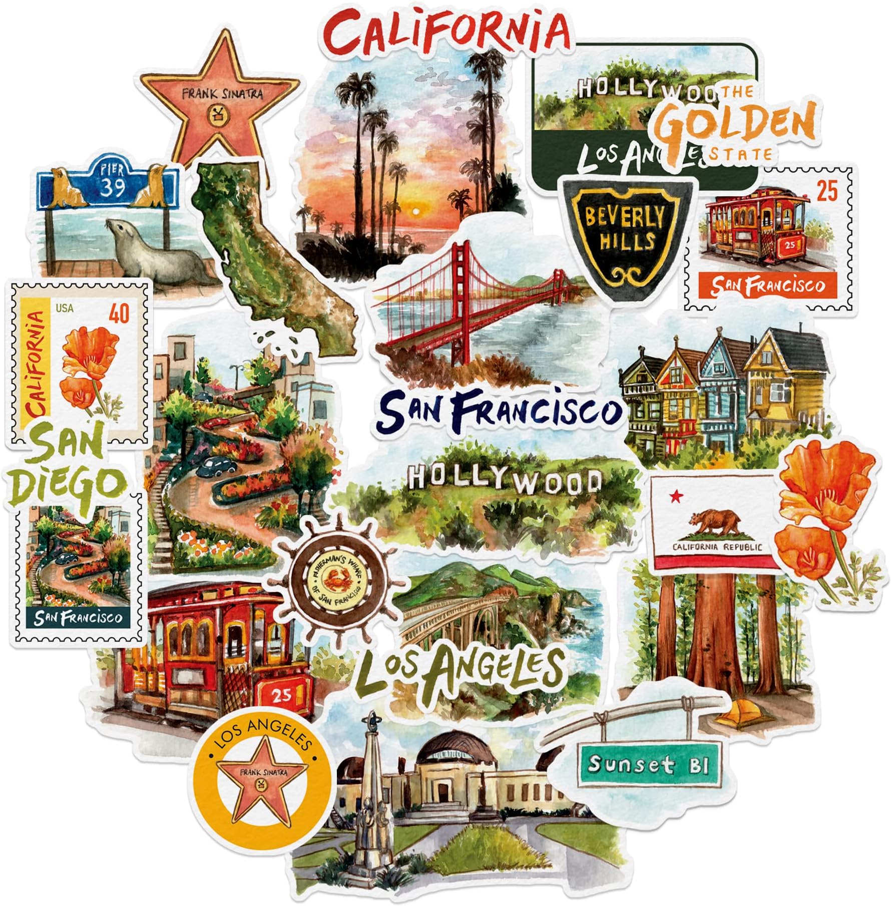 Navy Peony Sunny California State Travel Stickers (27 Pieces) - Watercolor, USA-Themed, Waterproof, America Adventure Stickers for Scrapbooks, Journals, Laptops